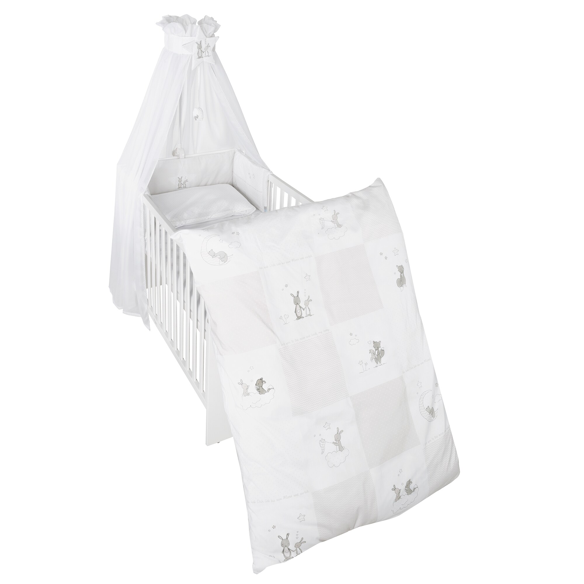 Kinderbettgarnitur 'Fox & Bunny', 4-tlg, Bettset mit Bettw&auml;sche 100 x 135 cm, Nestchen & Himmel 