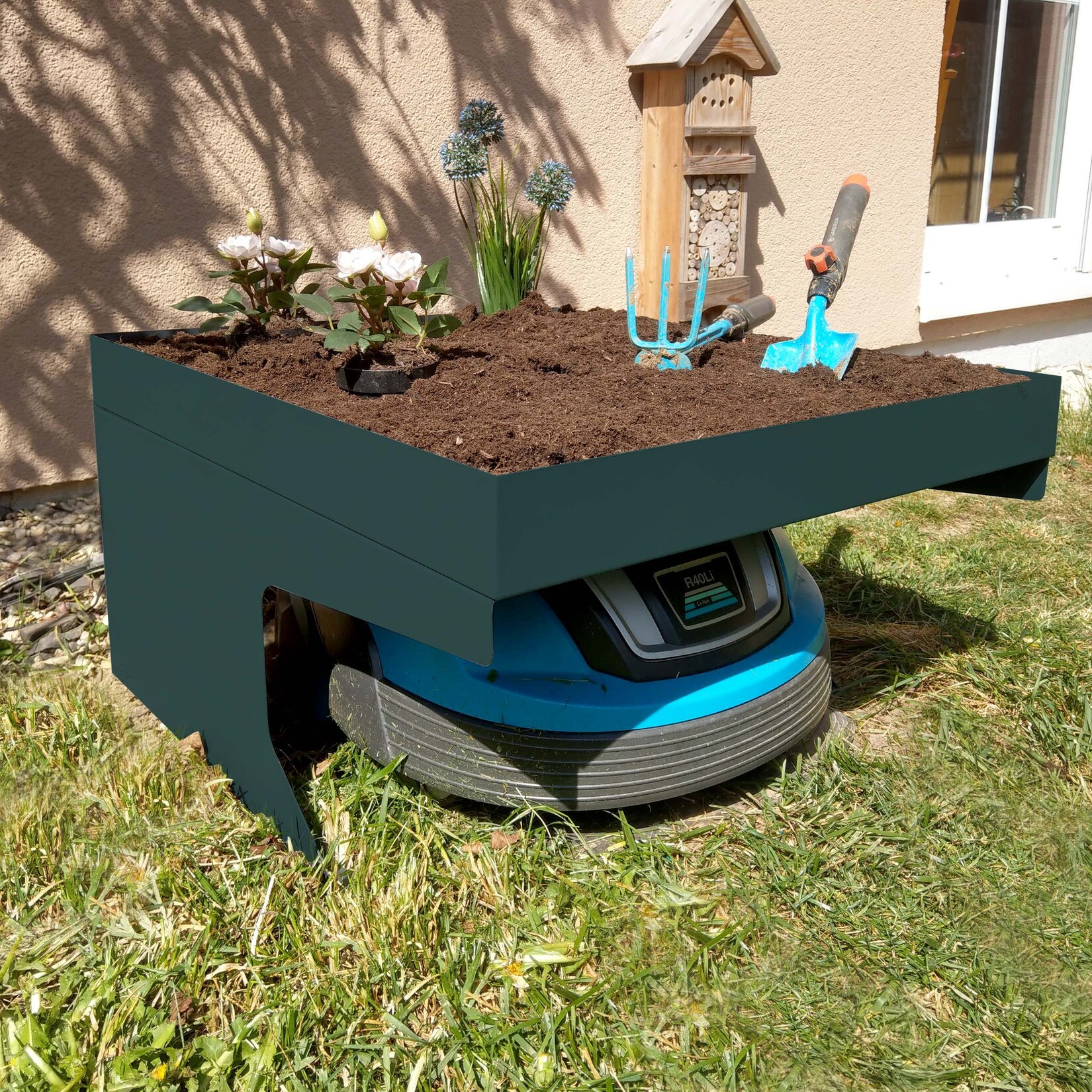 Mähroboter-Garage mit Pflanzkasten -G60, Dach Unterstand für Rasenmäher, Metall 37x60x70cm ~ grün