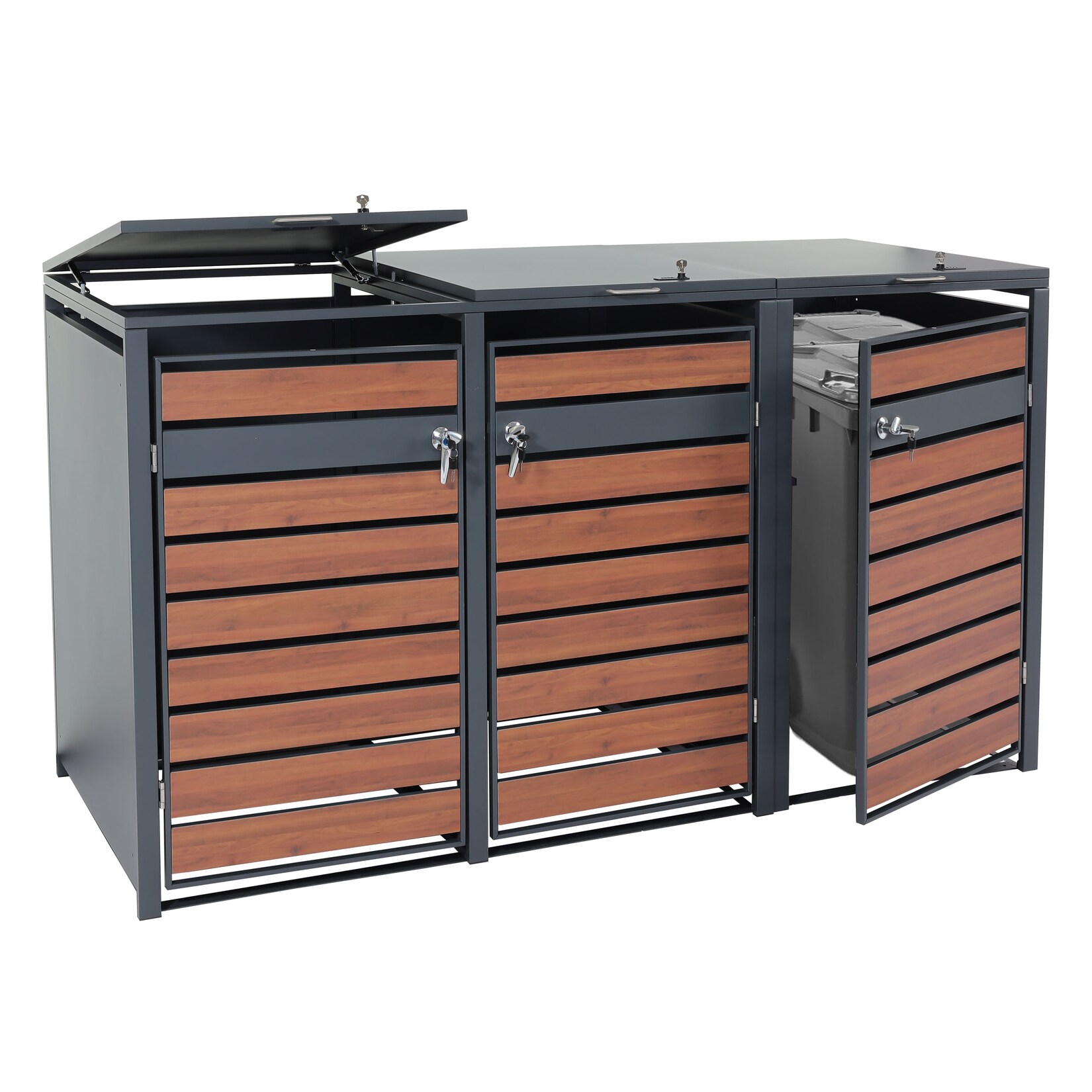 XL 3er/6er-Mülltonnenverkleidung -J81, Mülltonnenbox, Metall  anthrazit ~ Kirsche-Holzoptik dunkelbraun