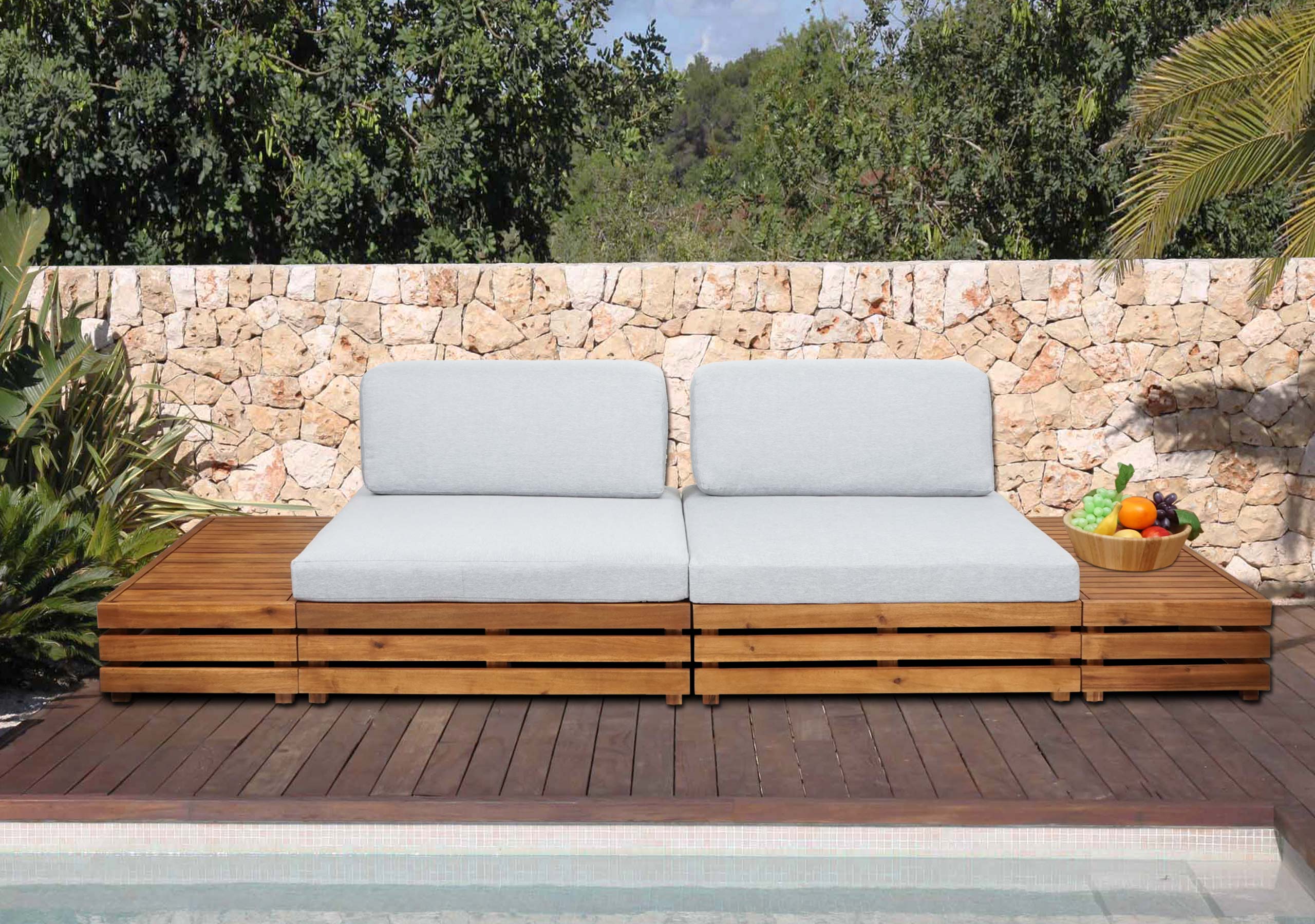 Garten-Garnitur MCW-L28, Lounge-Set Sitzgruppe Lounge-Sessel Sofa, Spun Poly Akazie Holz MVG ~ Polster hellgrau 