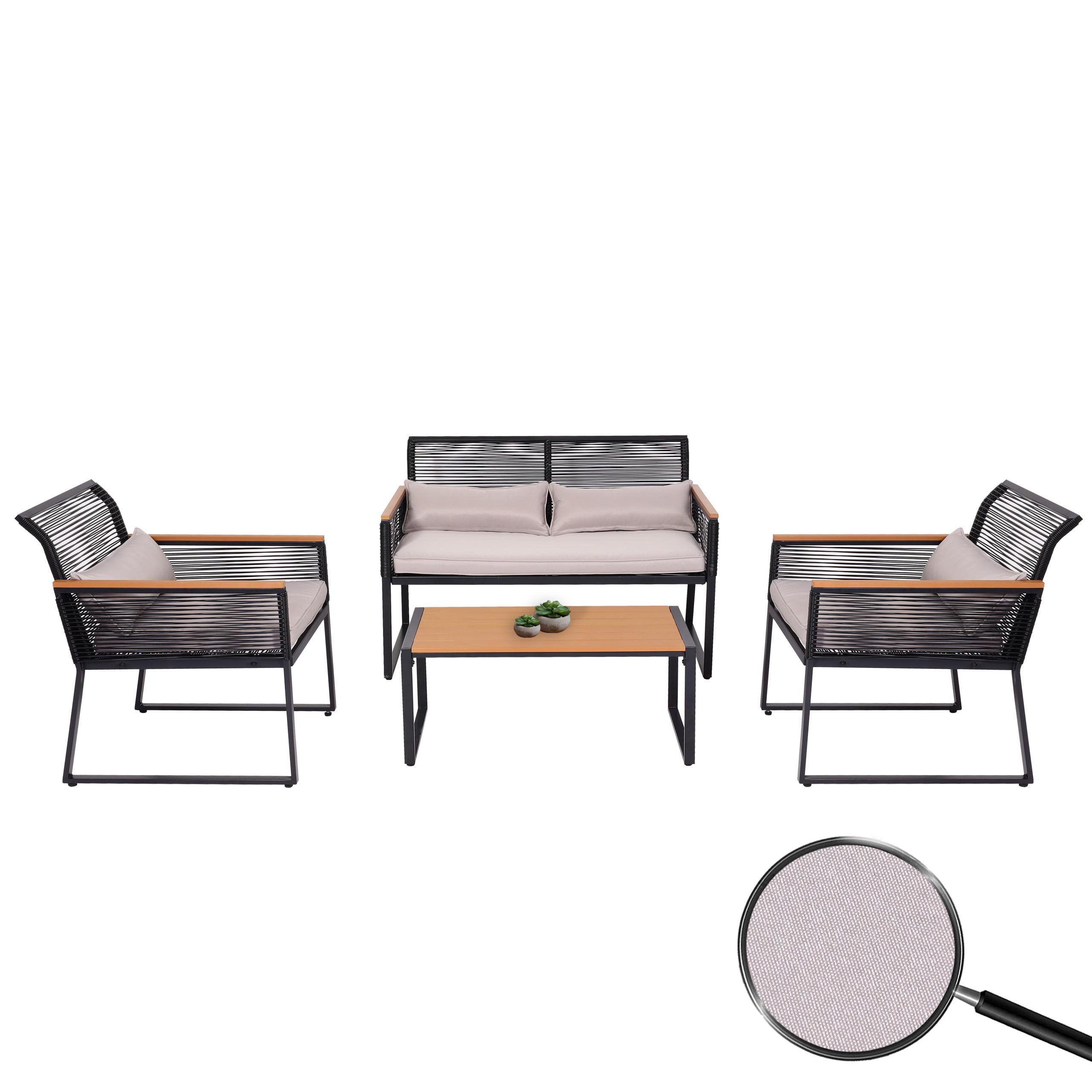 Garten-Garnitur MCW-K42, Gartenlounge Lounge-Set Sitzgruppe Sofa, Seilgeflecht Rope Holzoptik Stahl, Polster hellgrau 