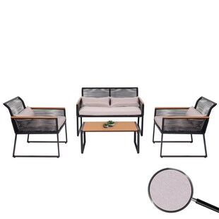Garten-Garnitur MCW-K42, Gartenlounge Lounge-Set Sitzgruppe Sofa, Seilgeflecht Rope Holzoptik Stahl, Polster hellgrau 