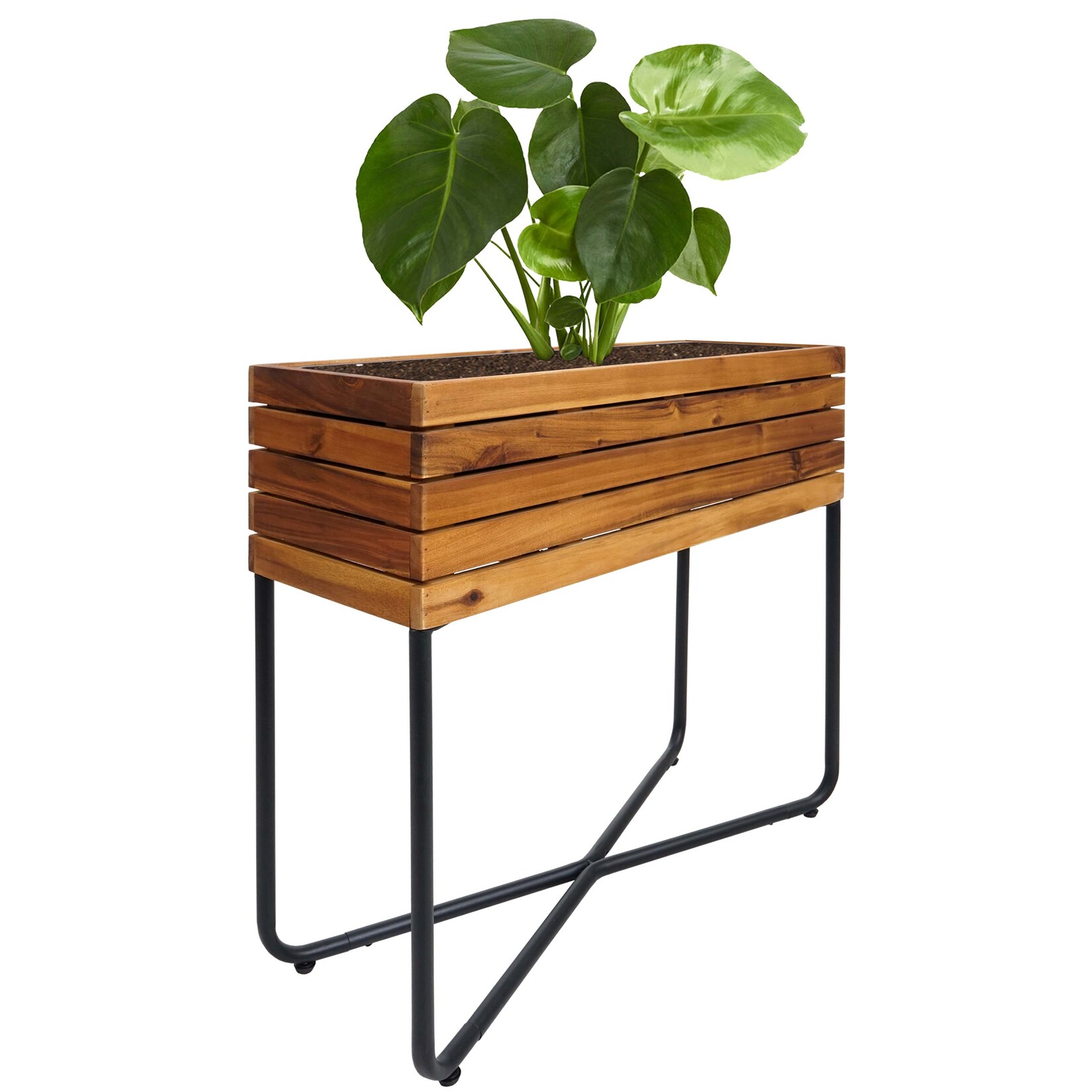 Pflanzkasten -L25, Pflanzkübel Blumenkasten, rechteckig 60x62x22cm Outdoor Stahl Akazie Holz MVG-zertifiziert, braun