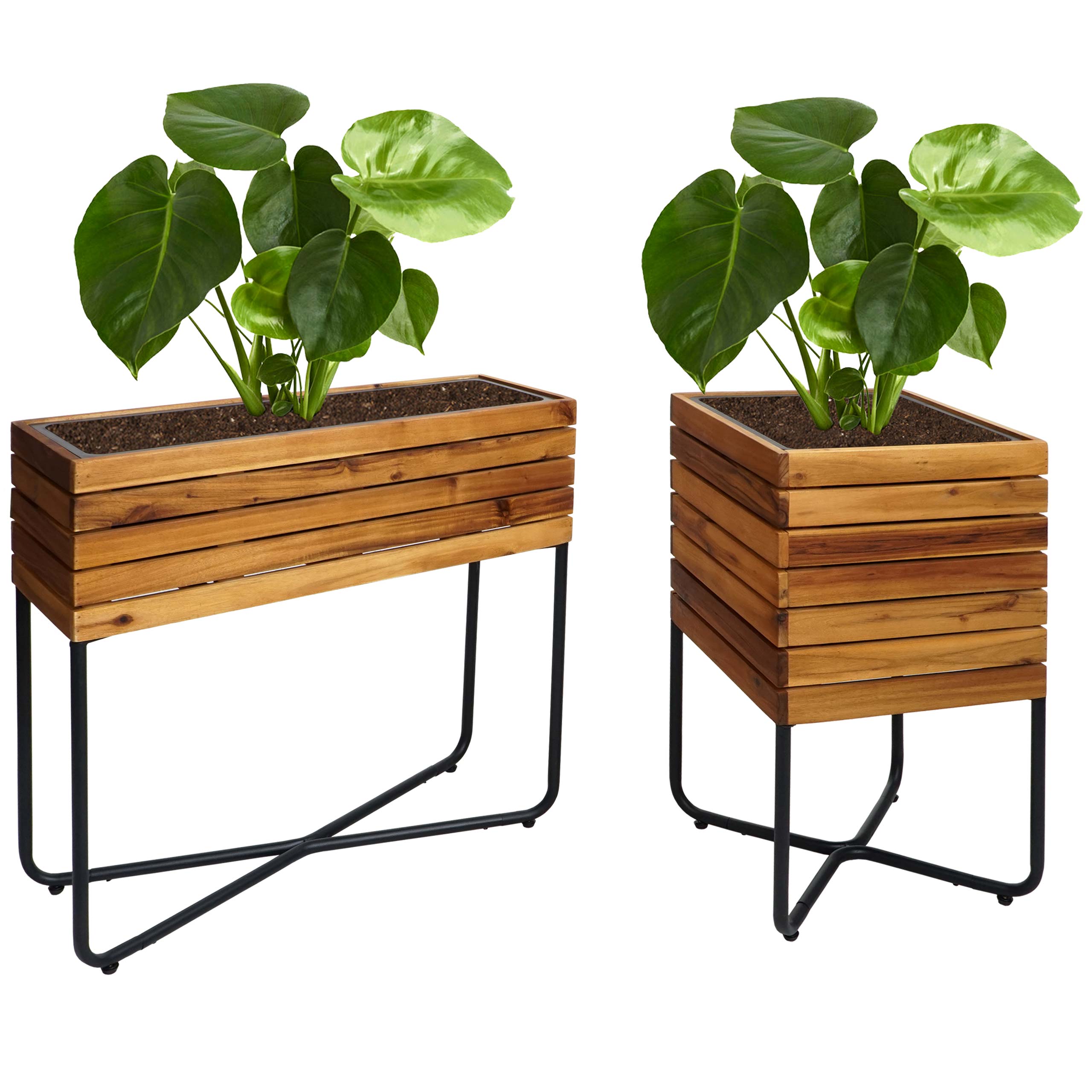 2er-Set Pflanzkasten MCW-L25, Blumenkasten, rechteckig quadratisch Outdoor Stahl Akazie Holz MVG-zertifiziert, braun 