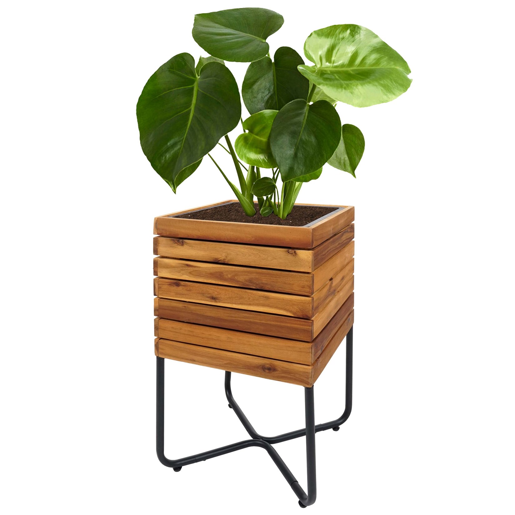 Pflanzkasten -L25, Pflanzkübel Blumenkasten, quadratisch 60x33x33cm Outdoor Stahl Akazie Holz MVG-zertifiziert, braun