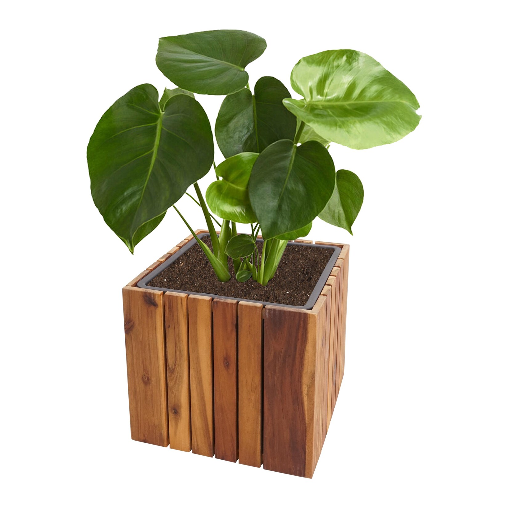 Pflanzkasten -L24, Pflanzkübel Blumentopf Blumenkasten, eckig 32x32x32cm Outdoor Akazie Holz MVG-zertifiziert, braun