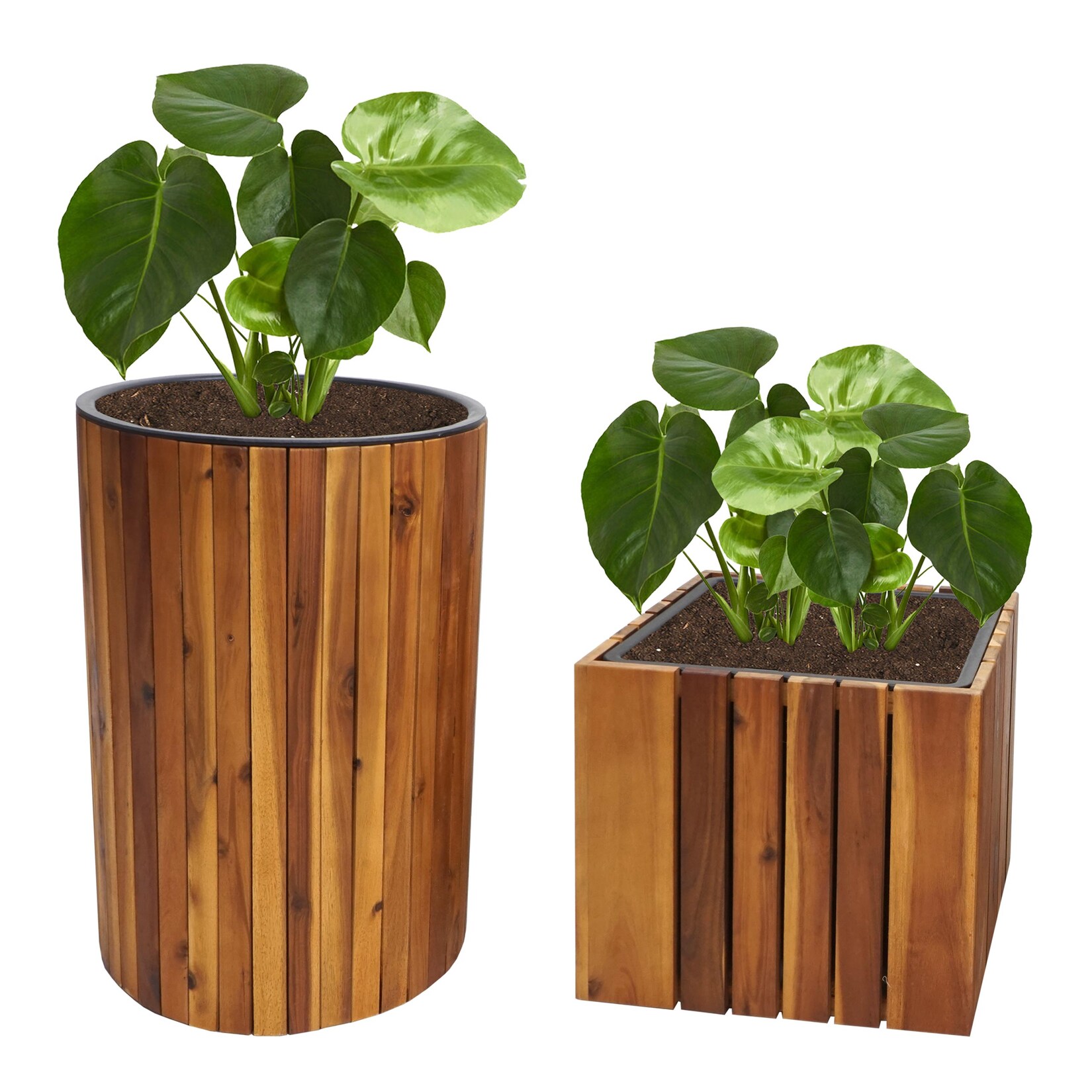 2er-Set Pflanzkasten -L24, Pflanztopf Pflanzkübel Blumentopf Blumenkasten, rund eckig Outdoor Akazie Holz MVG braun