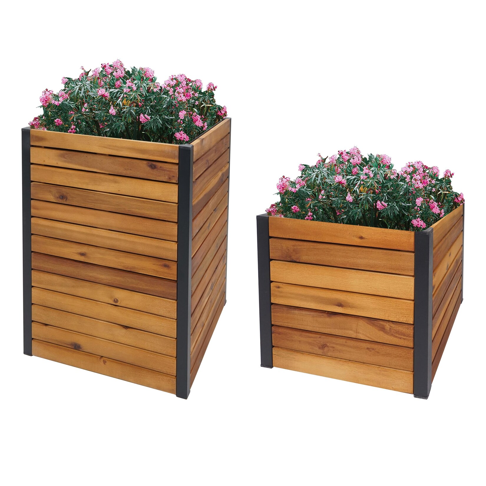 2er-Set Pflanzkasten -L23, Hochbeet Pflanzkübel Blumenkasten, Outdoor Akazie Holz MVG-zertifiziert Aluminium braun