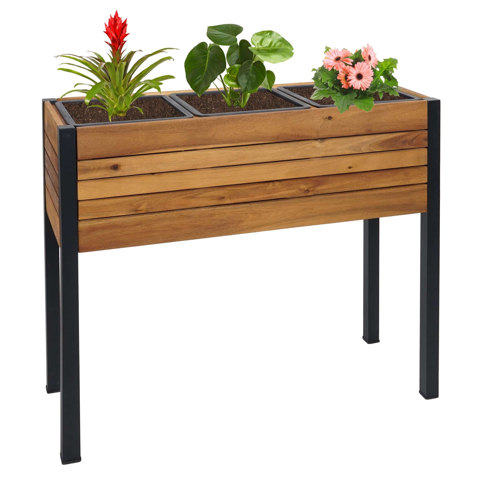 Pflanzkasten -L22, Hochbeet Pflanzkübel Blumenkasten, 75x81x30cm Outdoor Alu Akazie Holz MVG-zertifiziert, braun