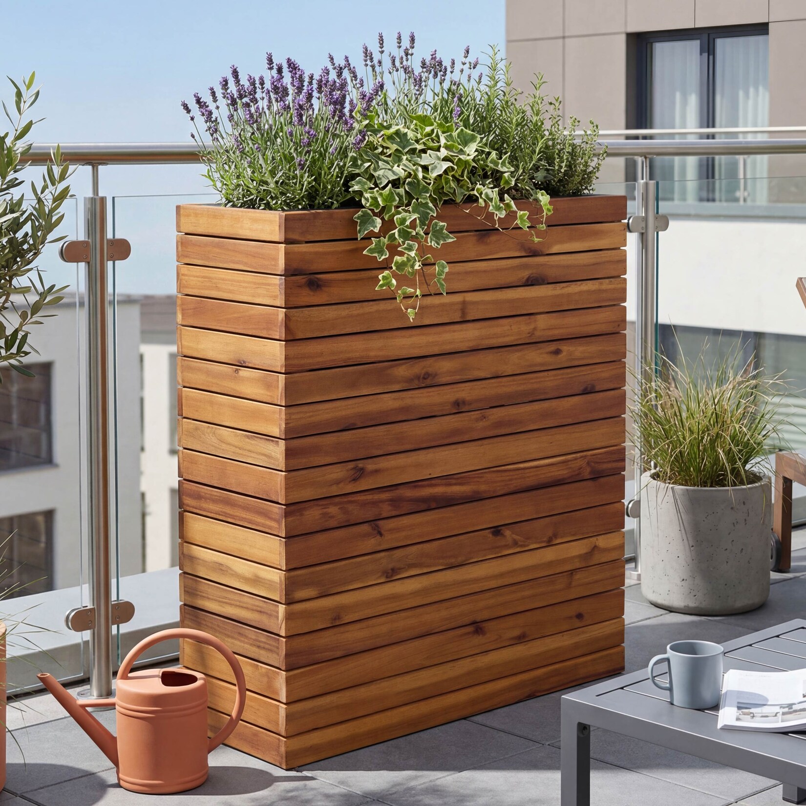 Pflanzkasten -L21, Hochbeet Pflanzkübel Blumentopf, eckig 77x63x23cm Outdoor Akazie Holz MVG-zertifiziert, braun