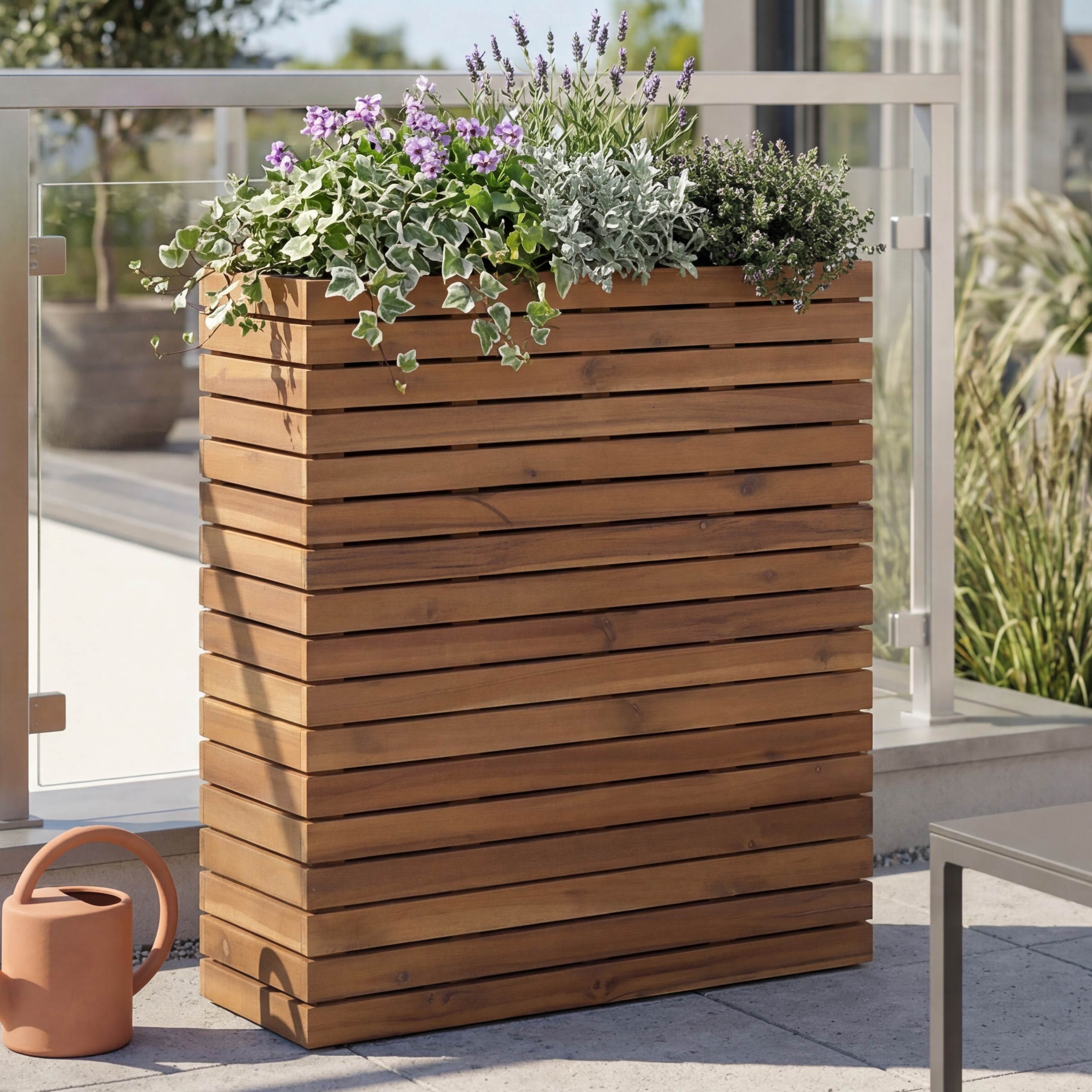 Pflanzkasten MCW-L21, Hochbeet Pflanzk&uuml;bel Blumentopf, eckig 77x63x23cm Outdoor Akazie Holz MVG-zertifiziert ~ hellbraun 