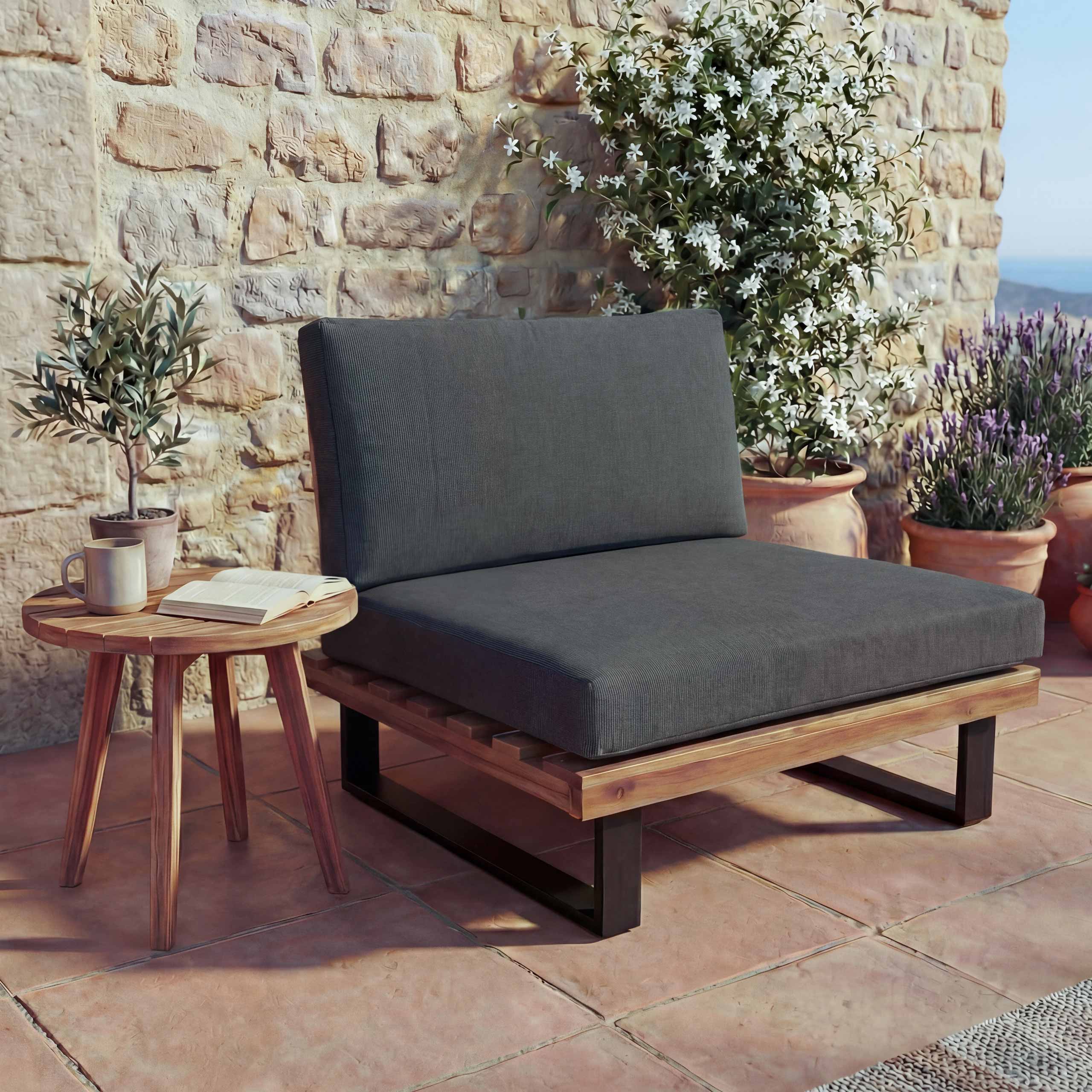 Lounge-Sessel MCW-H54, Garten-Sessel, Spun Poly Akazie Holz MVG-zertifiziert Aluminium ~ braun, Polster dunkelgrau 