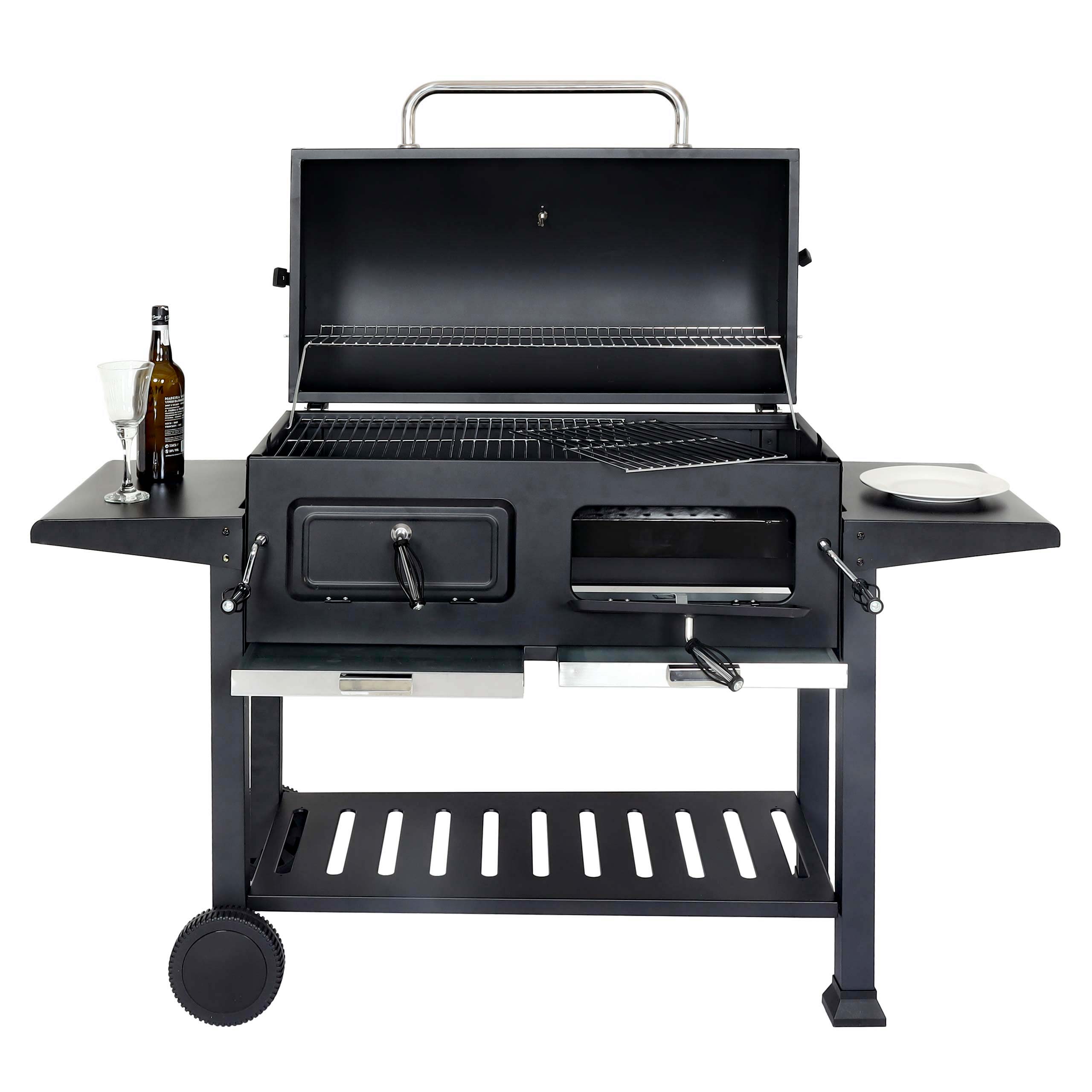 Holzkohlegrill MCW-K94, Grillwagen Standgrill BBQ Gartengrill mit Deckel Ablage, Stahl Emaille 110x153x60cm schwarz 