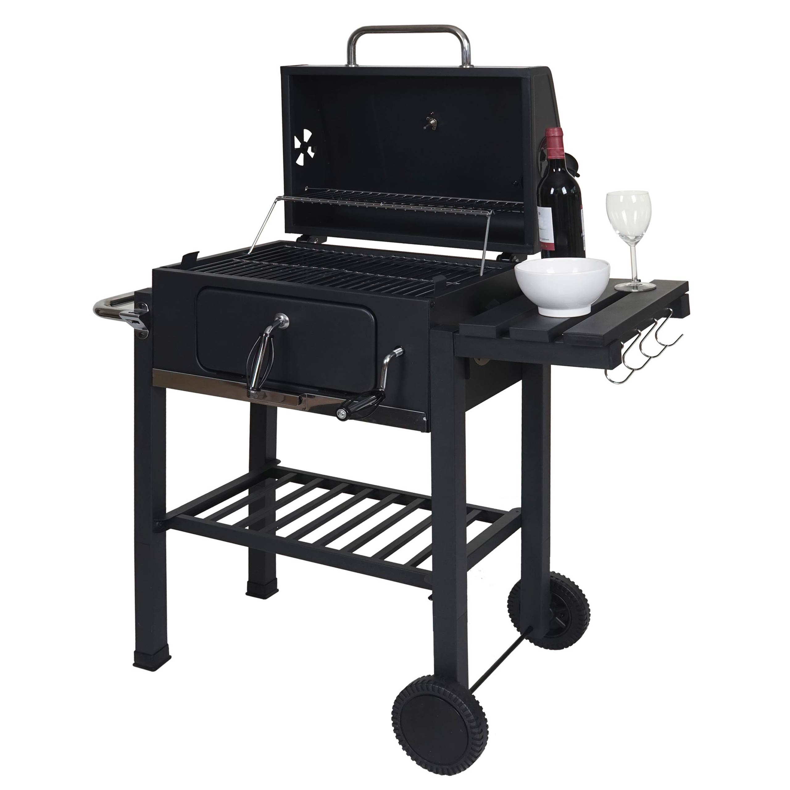Grillwagen MCW-K93, Holzkohlegrill Standgrill Barbecue BBQ Gartengrill mit Deckel Ablagen, Stahl, 110x100x51cm schwarz 