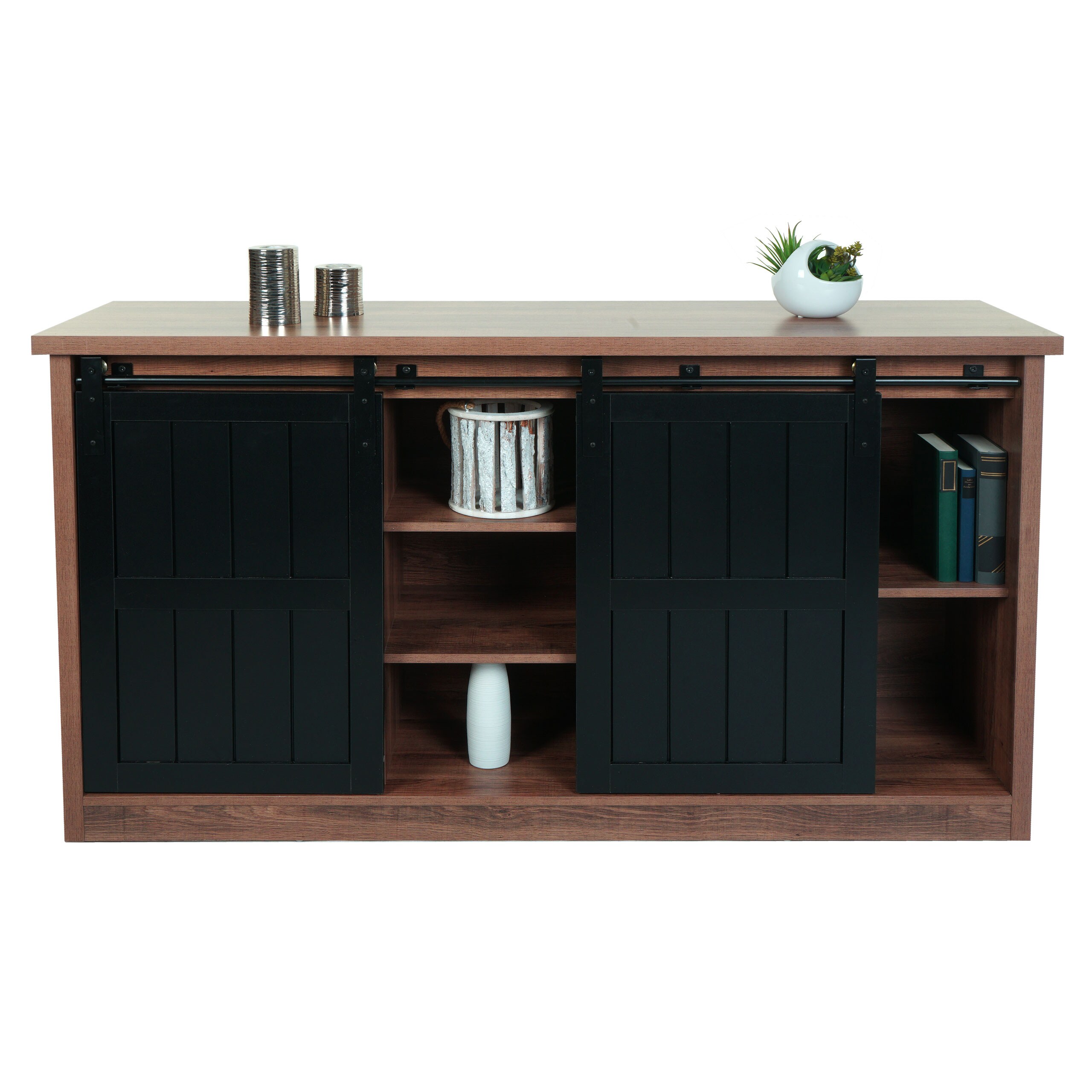 Sideboard MCW-K75, Highboard Regal Schrank Schiebet&uuml;re 7 F&auml;cher Holz-Optik Industrial Metall 84x150x40cm ~ braun 