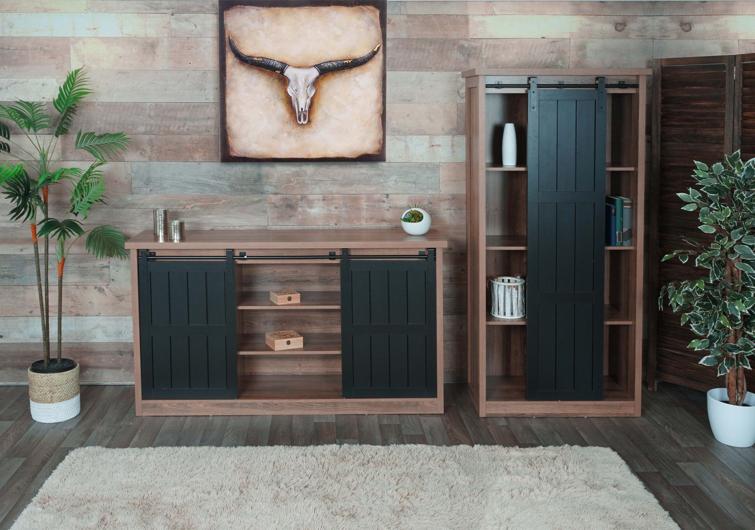 Wohnzimmerset aus Schrank und Sideboard MCW-K75, Schiebet&uuml;re Stauf&auml;cher, Holz-Optik Industrial Metall ~ braun 