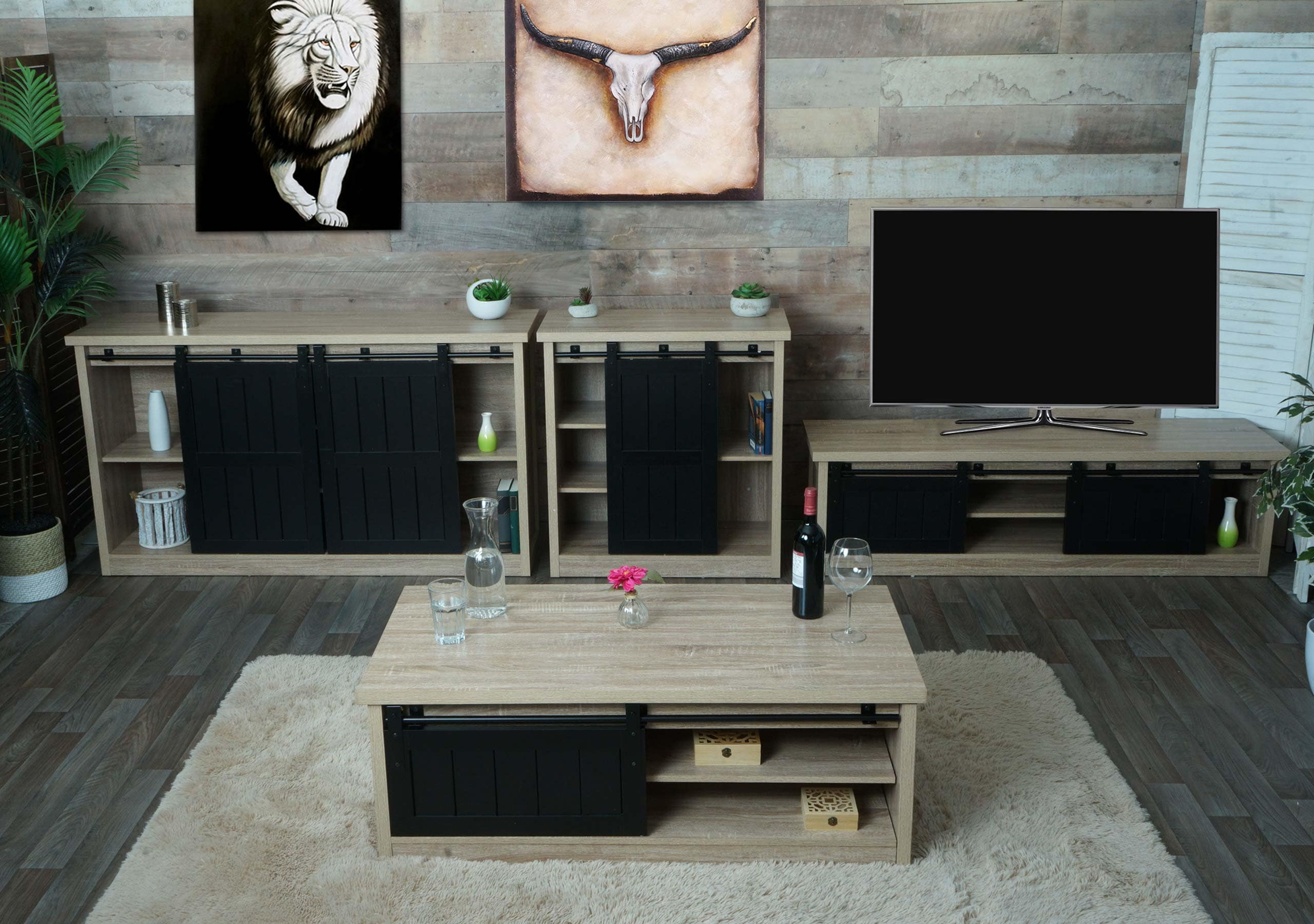 Wohnzimmerset aus TV-Rack, Sideboard, Kommode und Couchtisch MCW-K75, Schiebet&uuml;r Stauf&auml;cher, Industrial ~ naturfarben 