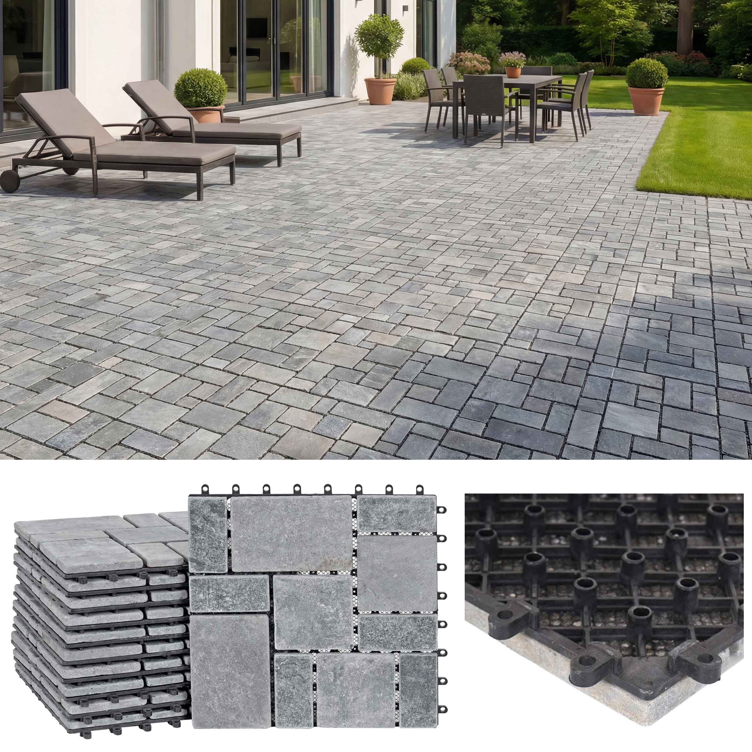 Steinfliese MCW-K70, Bodenfliese Steckfliese Balkon/Terrasse Naturstein, 11x je 30x30cm = 1m&sup2; ~ dunkelgrau 