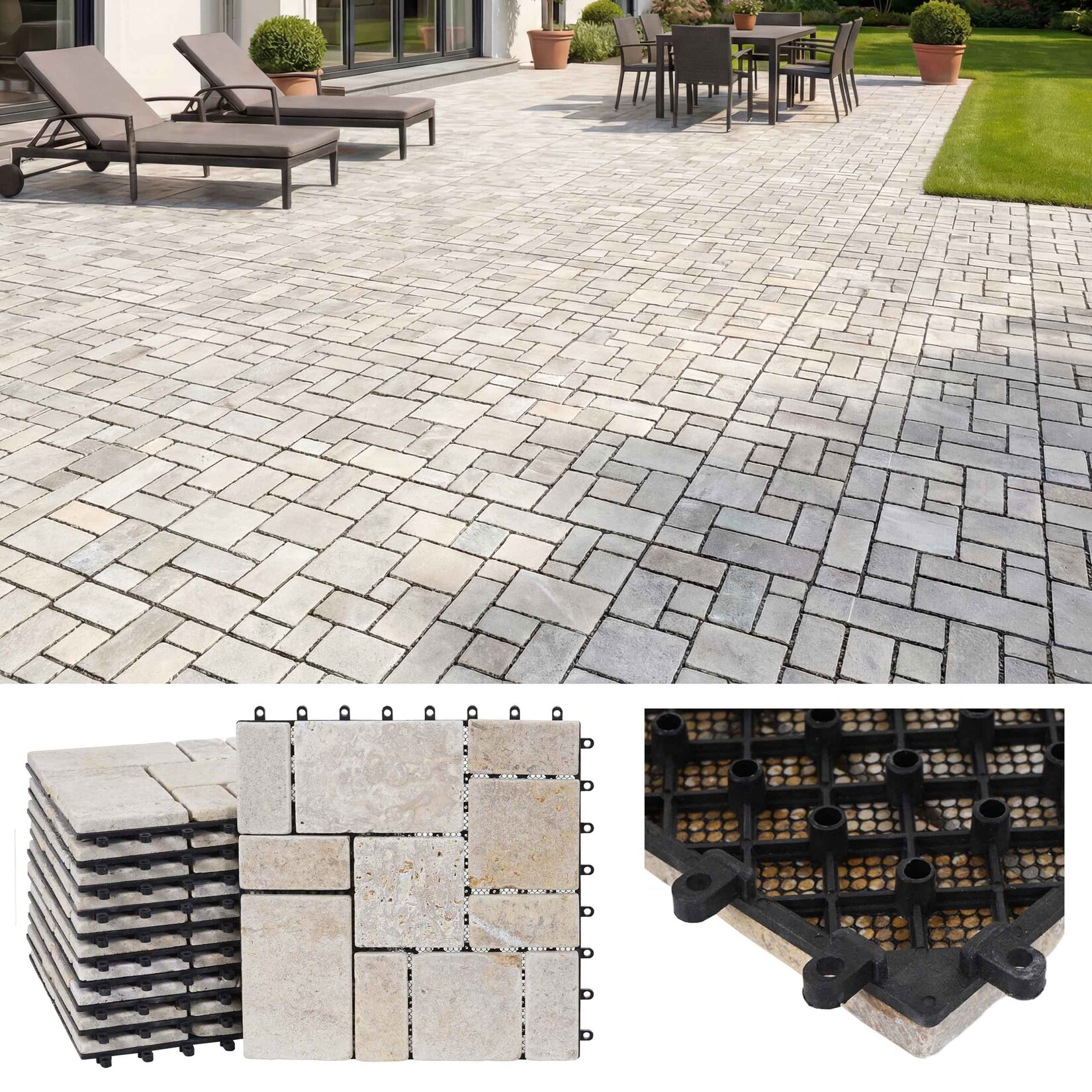 Steinfliese -K70, Bodenfliese Steckfliese Balkon/Terrasse Naturstein, 11x je 30x30cm = 1m² ~ weiß