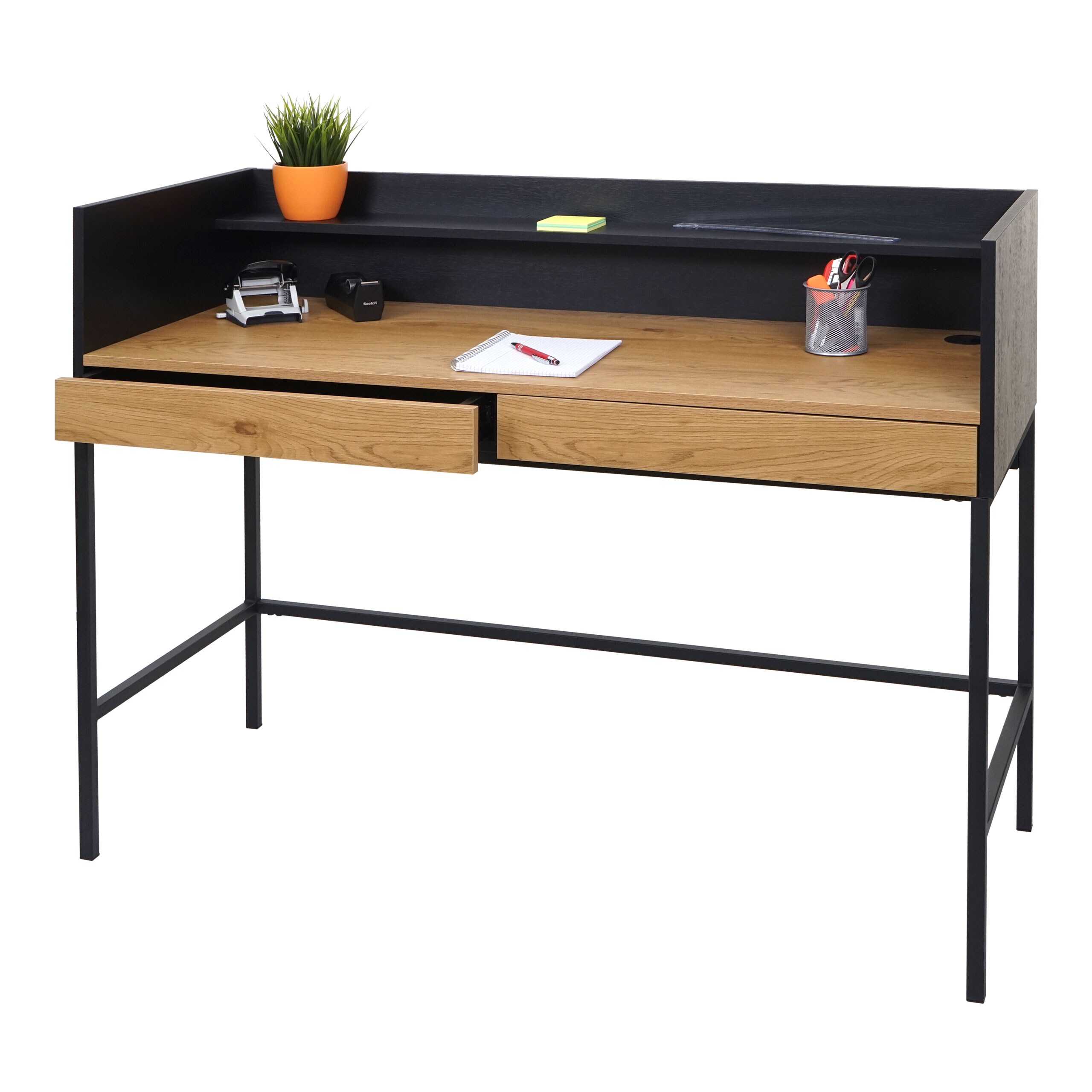 Schreibtisch MCW-J79, B&uuml;rotisch Computertisch Arbeitstisch, Schublade 120x50cm Holz Metall ~ Eiche-Optik 