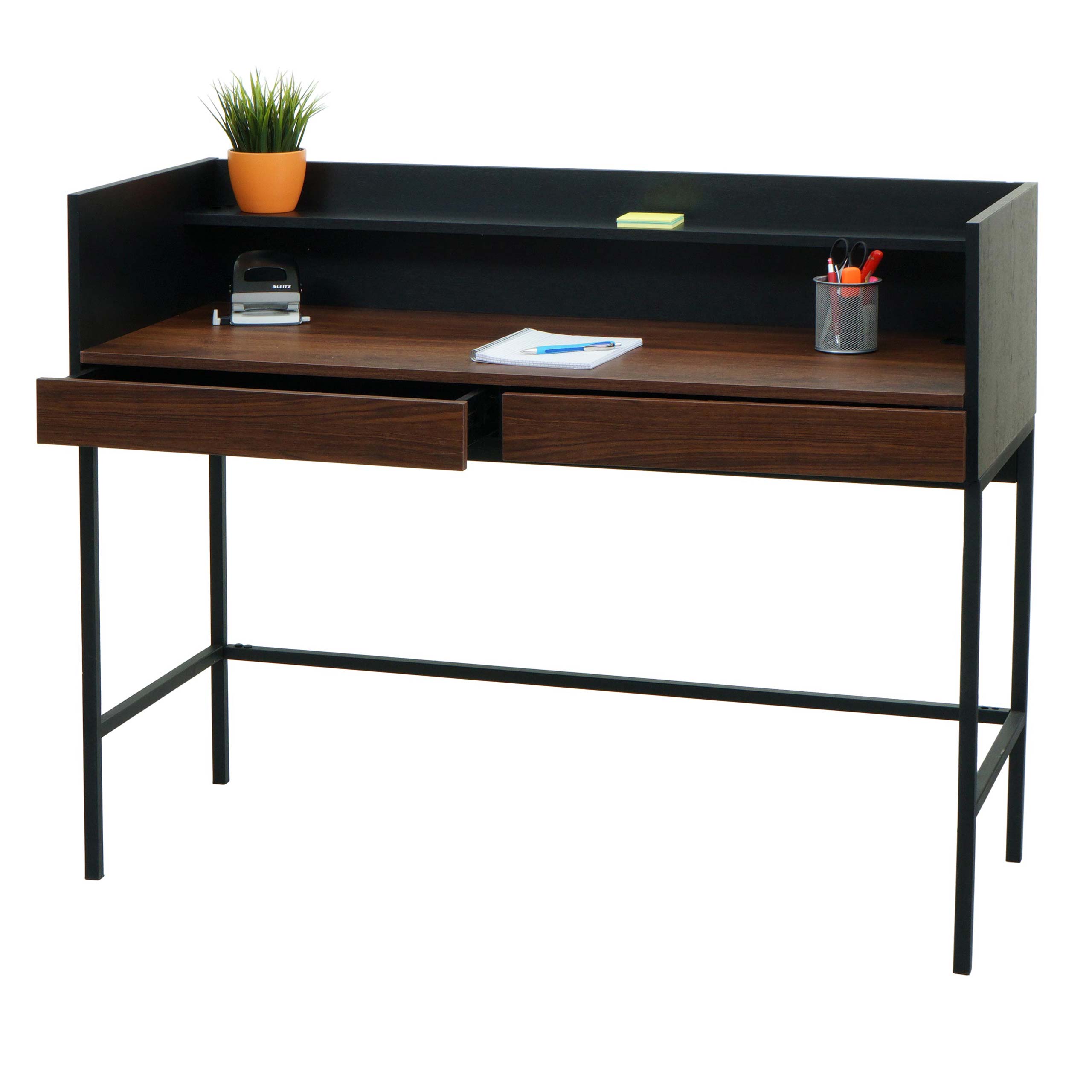 Schreibtisch MCW-J79, B&uuml;rotisch Computertisch Arbeitstisch, Schublade 120x50cm Holz Metall ~ Walnuss-Optik 