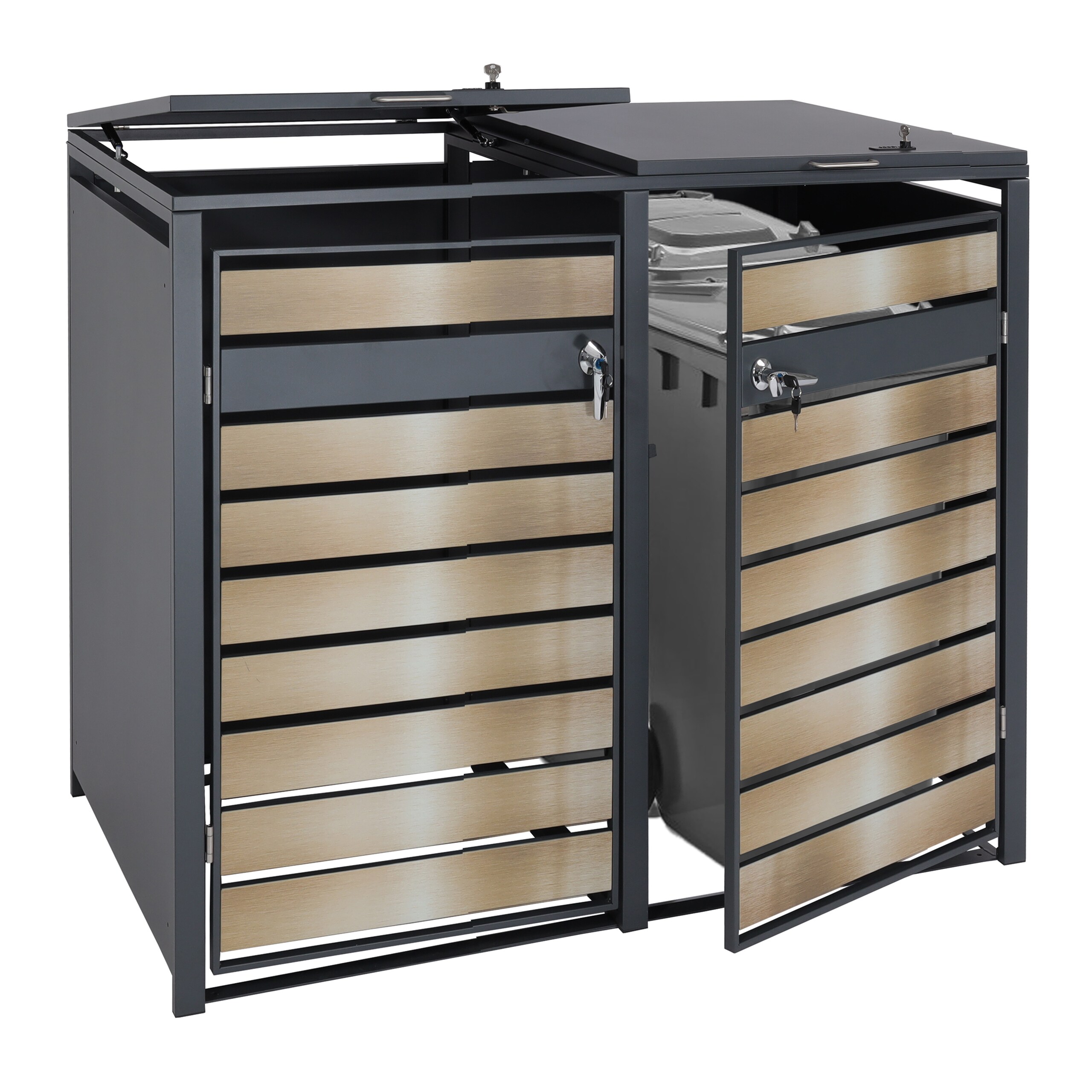 XL 2er/4er-M&uuml;lltonnenverkleidung MCW-J81, M&uuml;lltonnenbox, Metall 59kg anthrazit ~ gold 