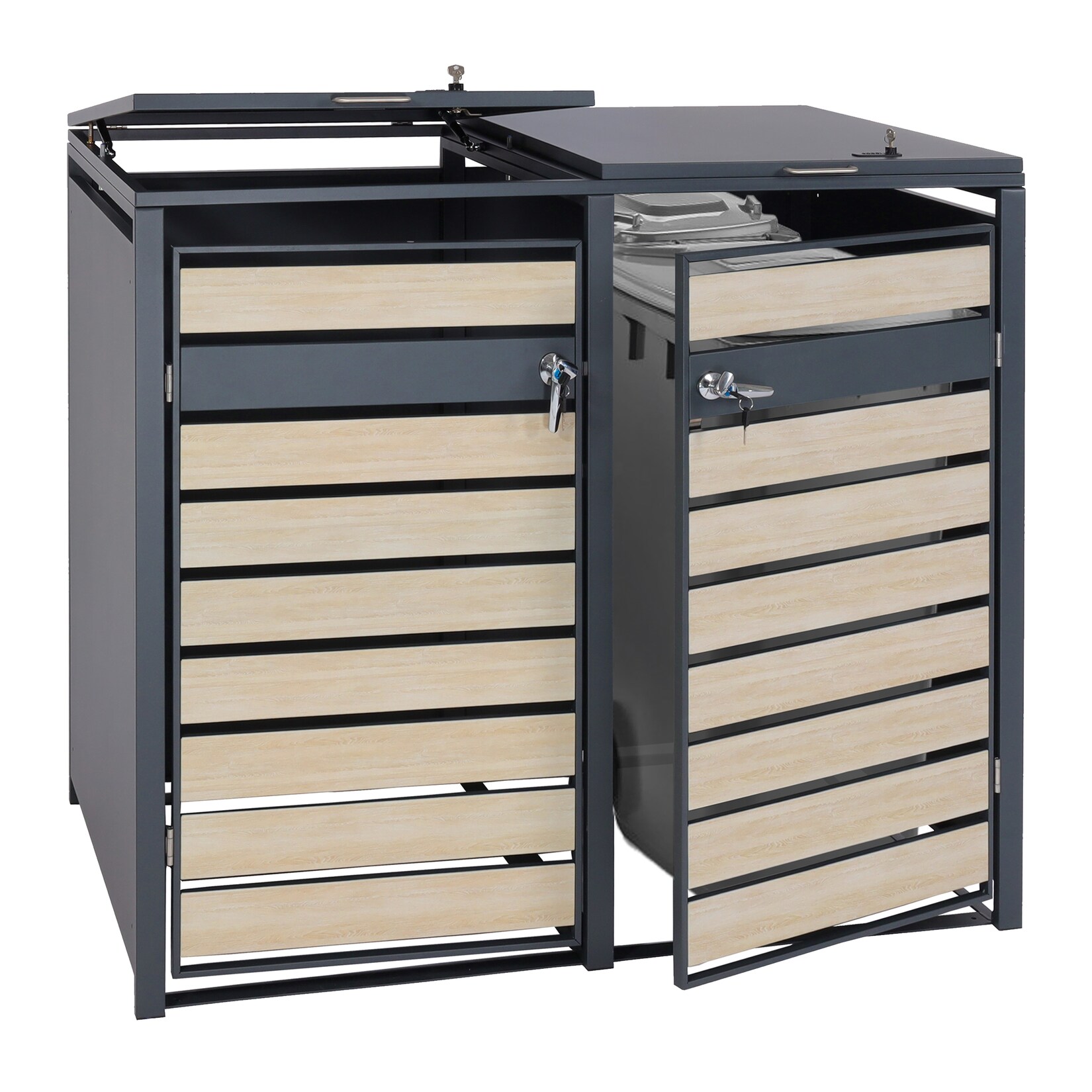 XL 2er/4er-Mülltonnenverkleidung -J81, Mülltonnenbox, Metall  anthrazit ~ Buche-Holzoptik hellbraun