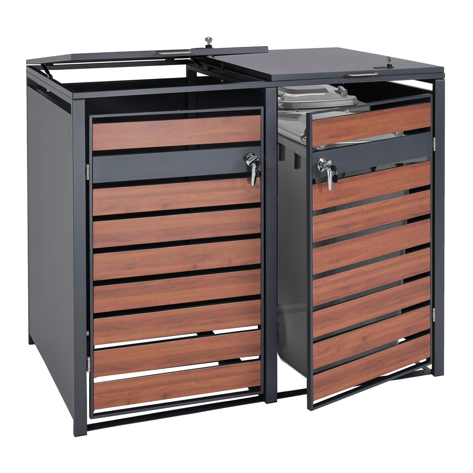 XL 2er/4er-Mülltonnenverkleidung -J81, Mülltonnenbox, Metall  anthrazit ~ Kirsche-Holzoptik dunkelbraun