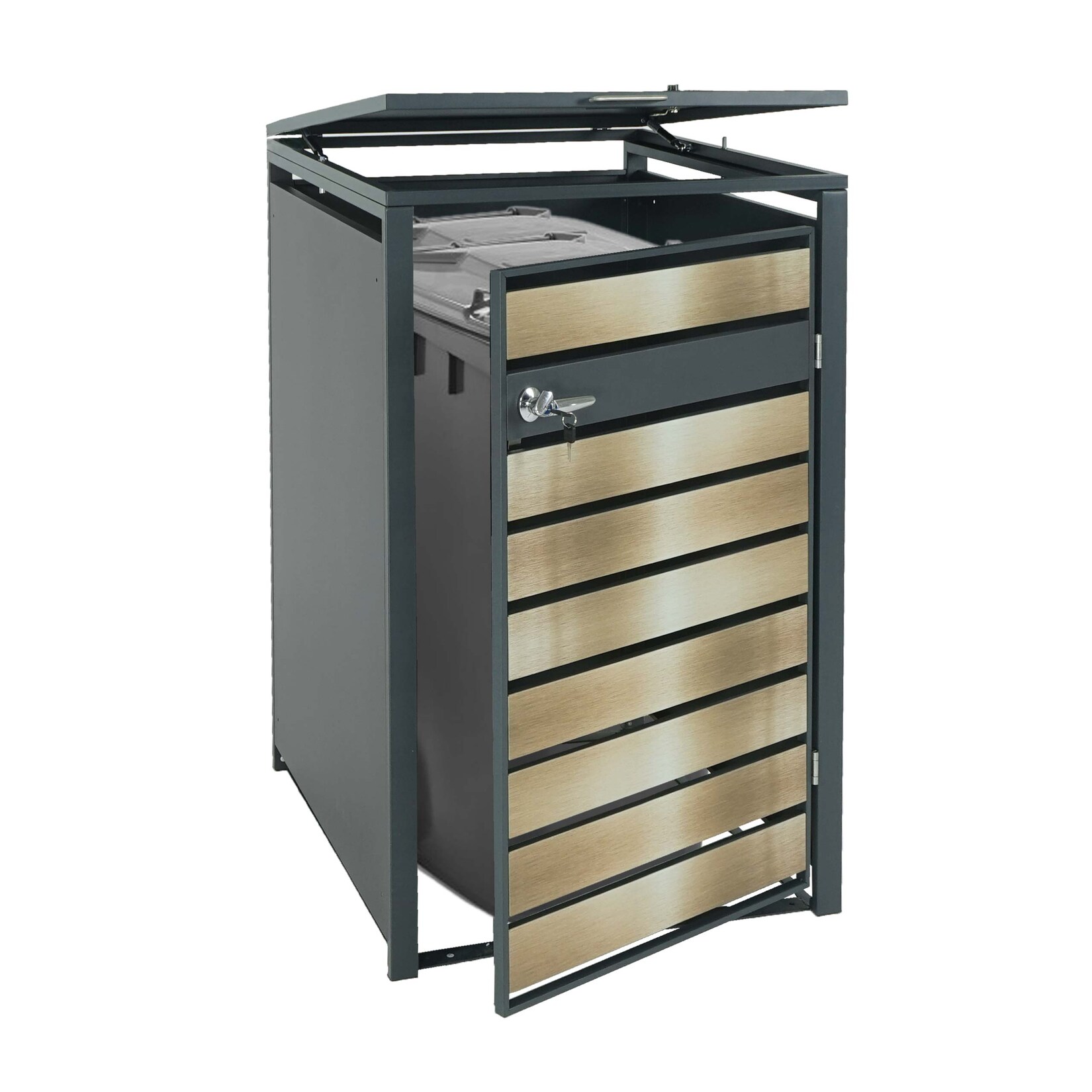 XL 1er/2er-Mülltonnenverkleidung -J81, Mülltonnenbox, Metall  anthrazit ~ gold