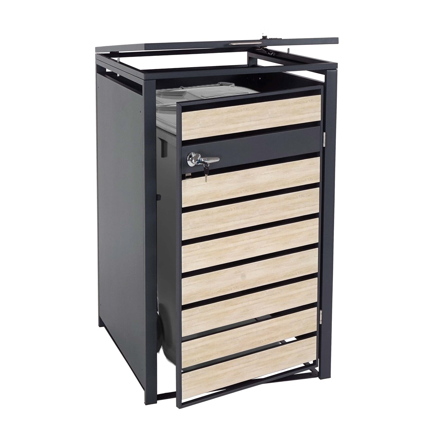 XL 1er/2er-Mülltonnenverkleidung -J81, Mülltonnenbox, Metall  anthrazit ~ Buche-Holzoptik hellbraun