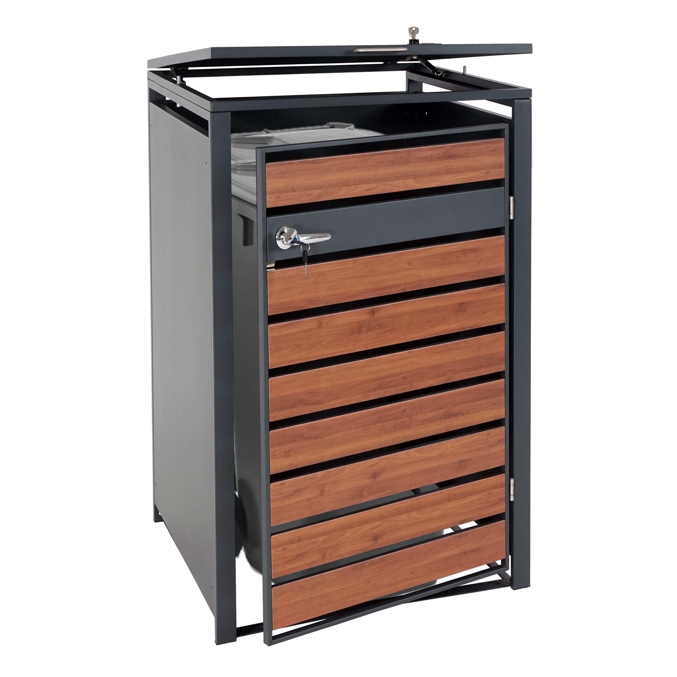 XL 1er/2er-M&uuml;lltonnenverkleidung MCW-J81, M&uuml;lltonnenbox, Metall 36kg anthrazit ~ Kirsche-Holzoptik dunkelbraun 