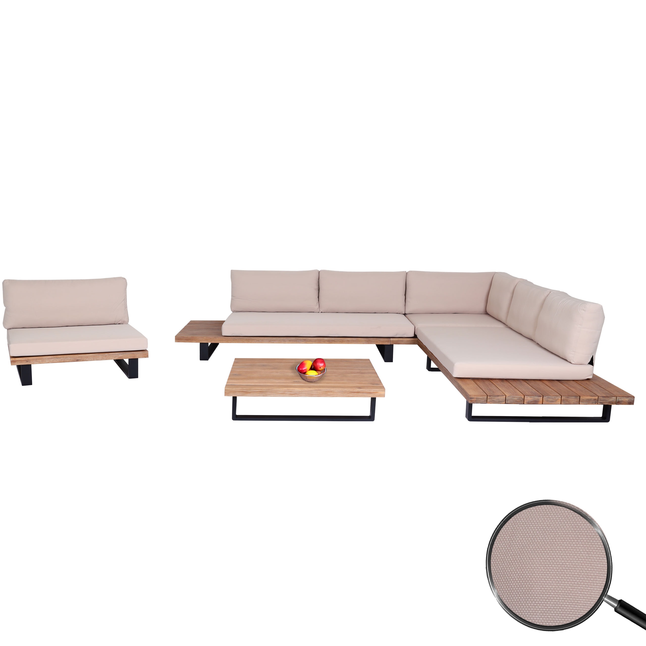 Garten-Garnitur mit Sessel MCW-H54, Lounge-Set Sofa, Spun Poly Akazie Holz MVG Aluminium ~ hellbraun, Polster beige 