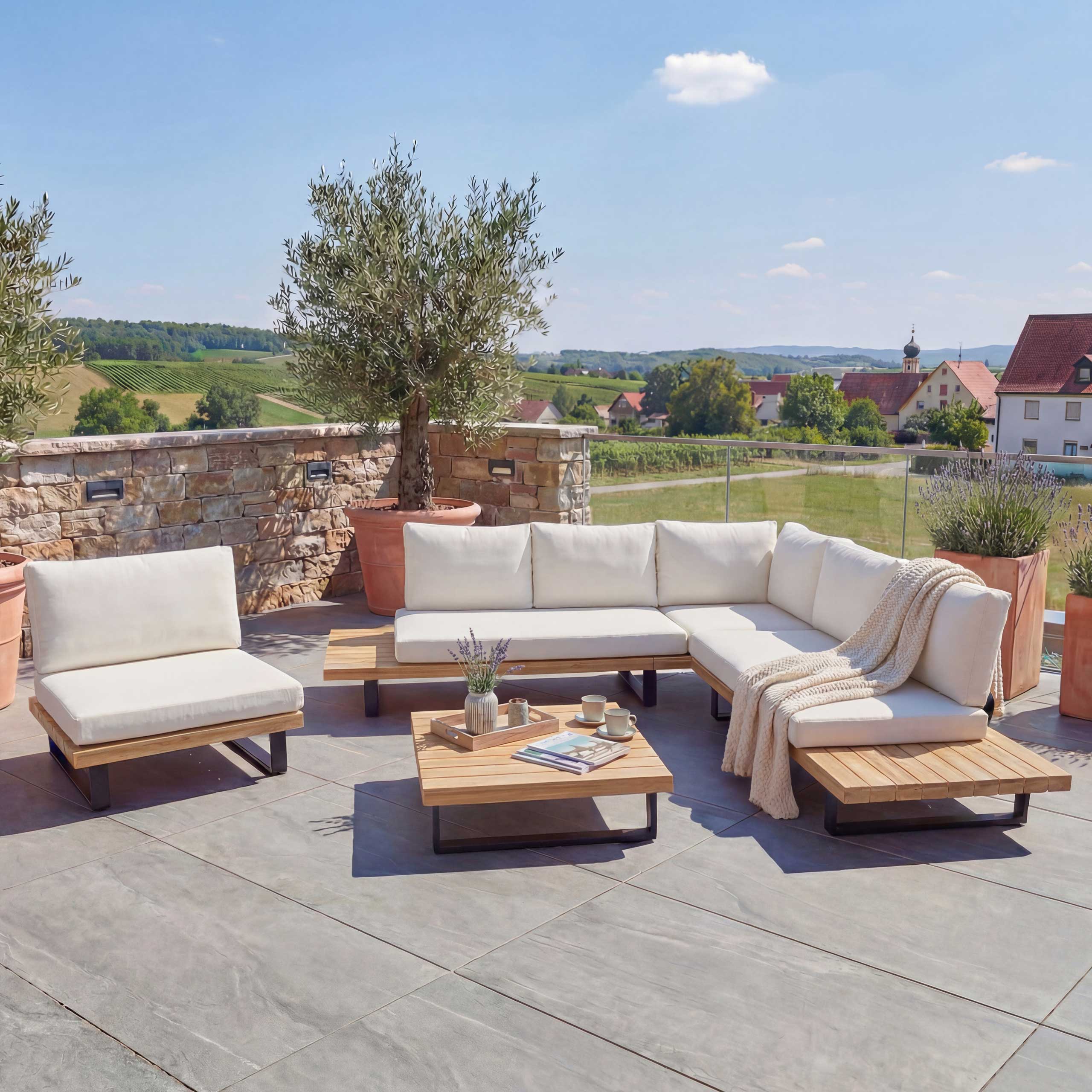 Garten-Garnitur mit Sessel MCW-H54, Lounge-Set Sofa, Spun Poly Akazie Holz MVG Aluminium ~ hellbraun, Polster cremewei&szlig; 