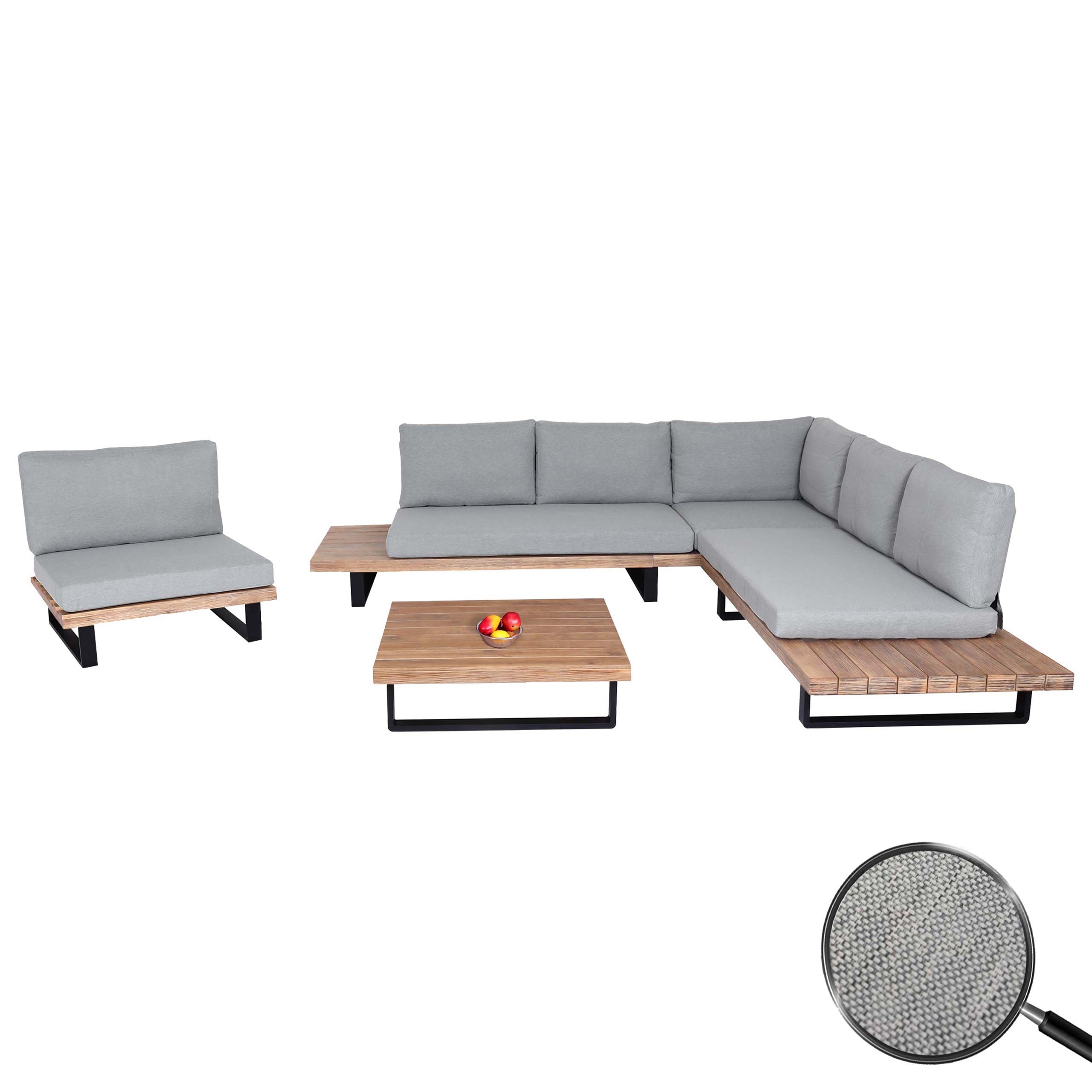 Garten-Garnitur mit Sessel MCW-H54, Lounge-Set Sofa, Spun Poly Akazie Holz MVG Aluminium ~ hellbraun, Polster hellgrau 