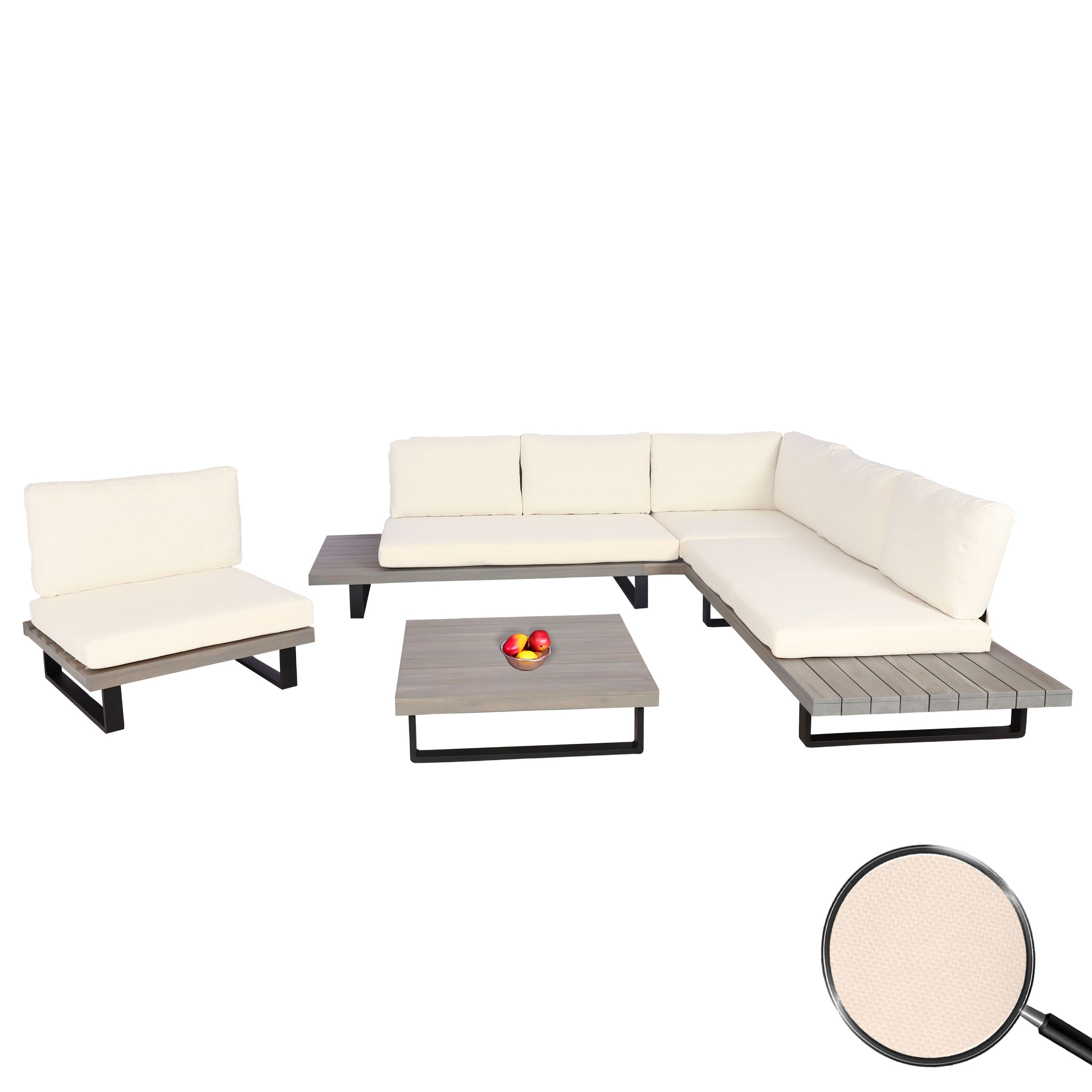 Garten-Garnitur mit Sessel MCW-H54, Lounge-Set Sofa, Spun Poly Akazie Holz MVG Aluminium ~ grau, Polster cremewei&szlig; 
