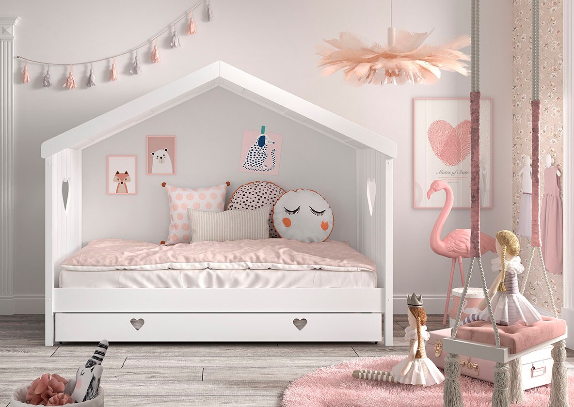 Hausbett Amori mit Liegefl&auml;che 90 x 200 cm, inkl. Rolllattenros - versch. Ausf&uuml;hrungen - Bettschublade, Ausf. Kiefer und MDF wei&szlig; lackiert 