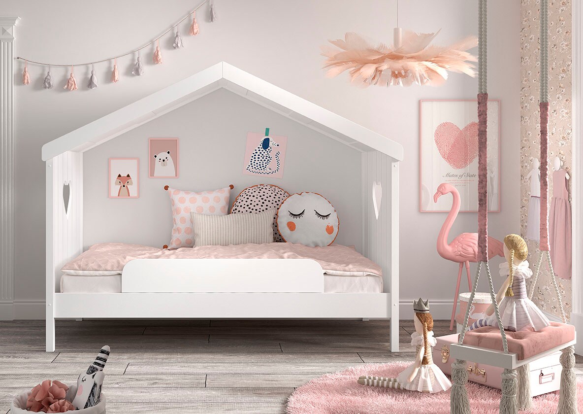 Hausbett Amori mit Liegefl&auml;che 90 x 200 cm, inkl. Rolllattenros - versch. Ausf&uuml;hrungen-mit Absturzschutz Kiefer und MDF wei&szlig; lackiert 