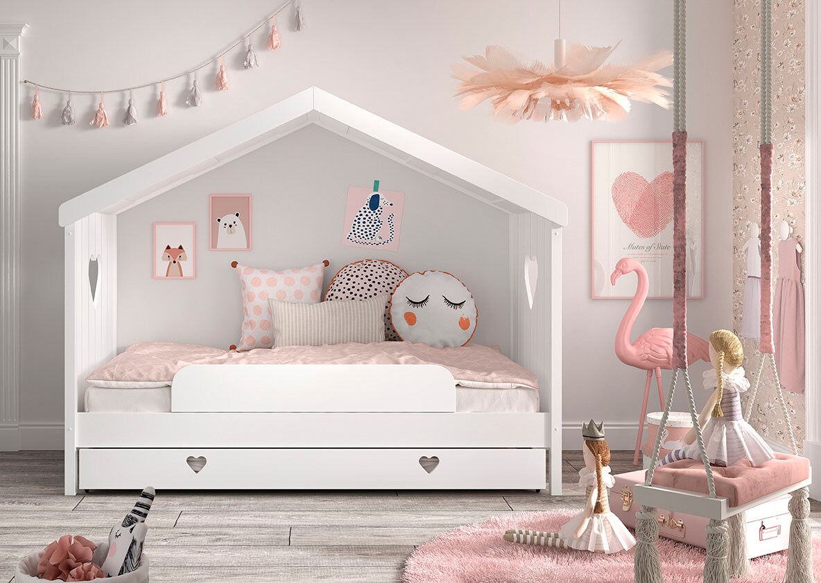 Hausbett Amori mit Liegefl&auml;che 90 x 200 cm, inkl. Rolllattenros - versch. Ausf&uuml;hrungen -mit Absturzschutz inkl. Bettschublade, Kiefer und MDF wei&szlig; lackiert 