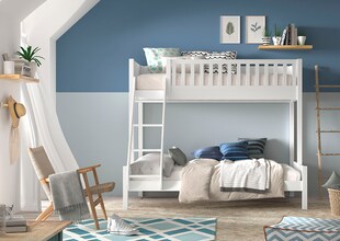 SCOTT Familienbett mit Liegefläche 90x200 u. 140x200 cm, inkl. Rolllattenrost u. Leiter, Kiefer weiß lackiert 