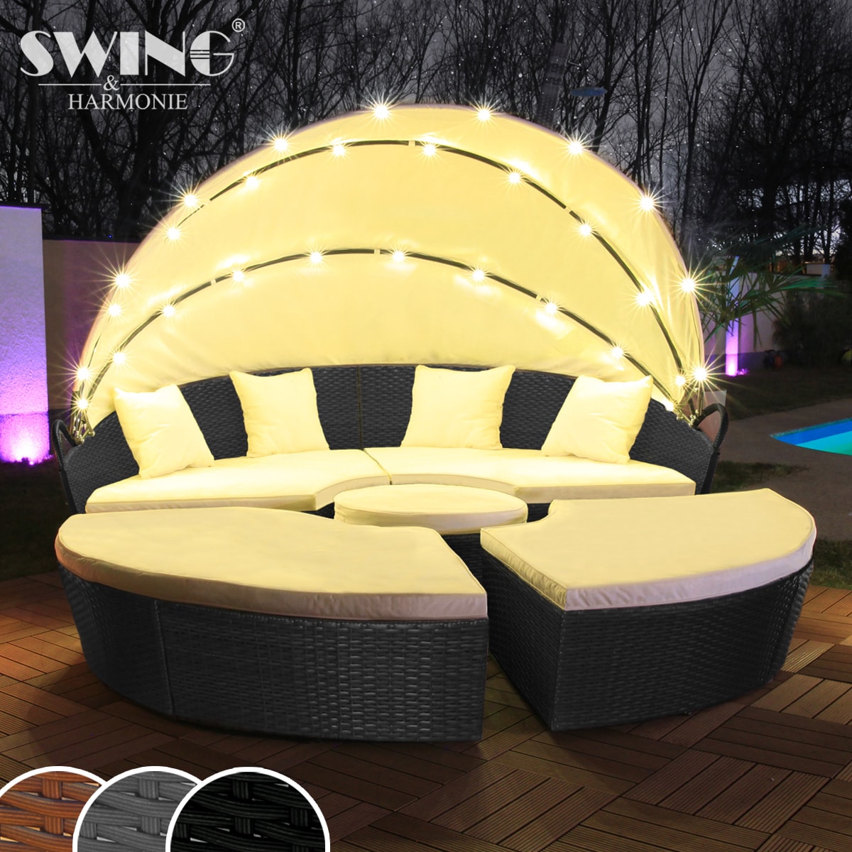 Swing&Harmonie LED - Sonneninsel Rattan Lounge Polyrattan Sitzgruppe Liege Insel inkl. Abdeckcover  - versch. Ausf&uuml;hrungen 