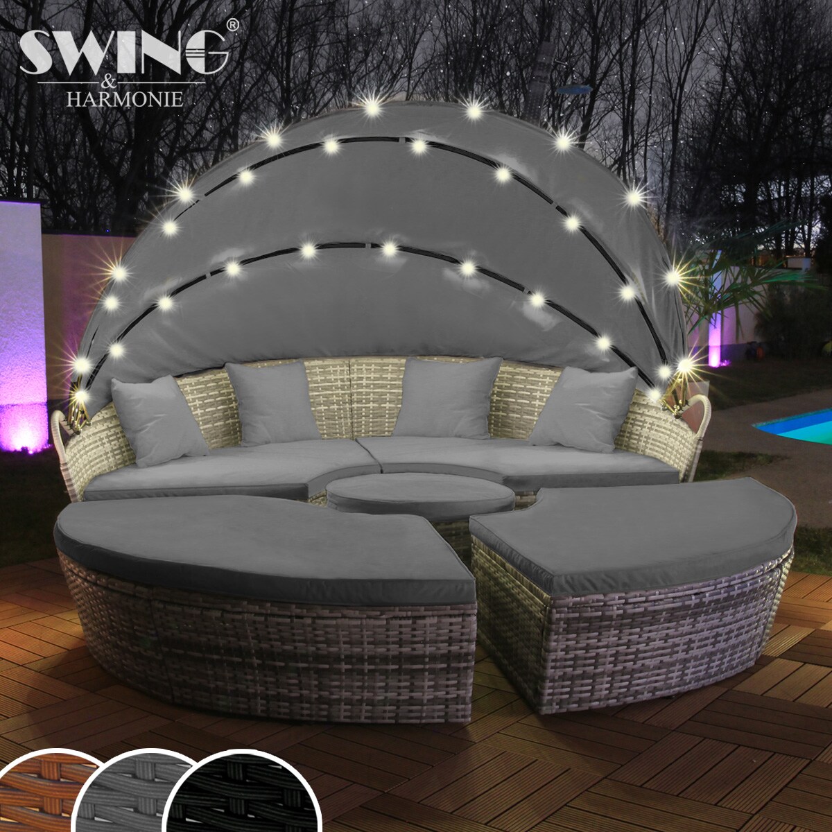 Swing&Harmonie LED - Sonneninsel Rattan Lounge Polyrattan Sitzgruppe Liege Insel inkl. Abdeckcover  - versch. Ausf&uuml;hrungen 