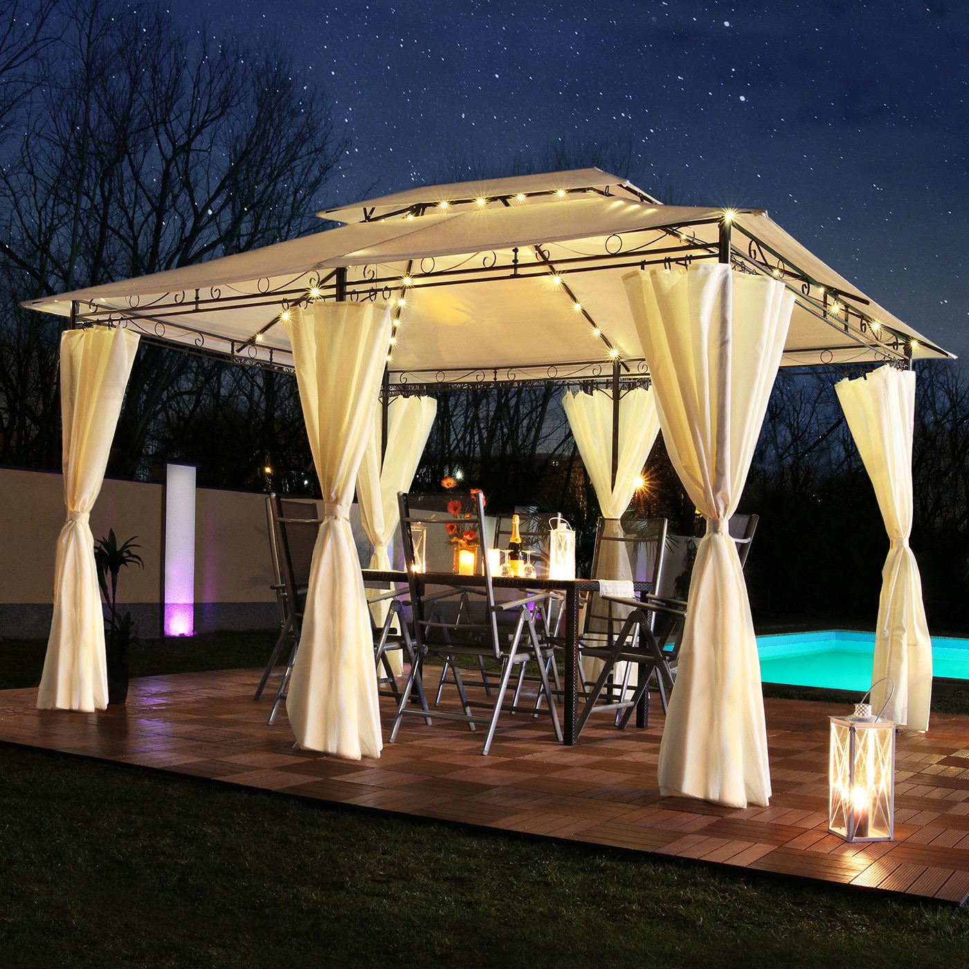 Swing&Harmonie Luxus LED - Pavillon 3x4m Minzo - inkl. Seitenw&auml;nde mit LED Beleuchtung + Solarmodul Gartenpavillon, creme 