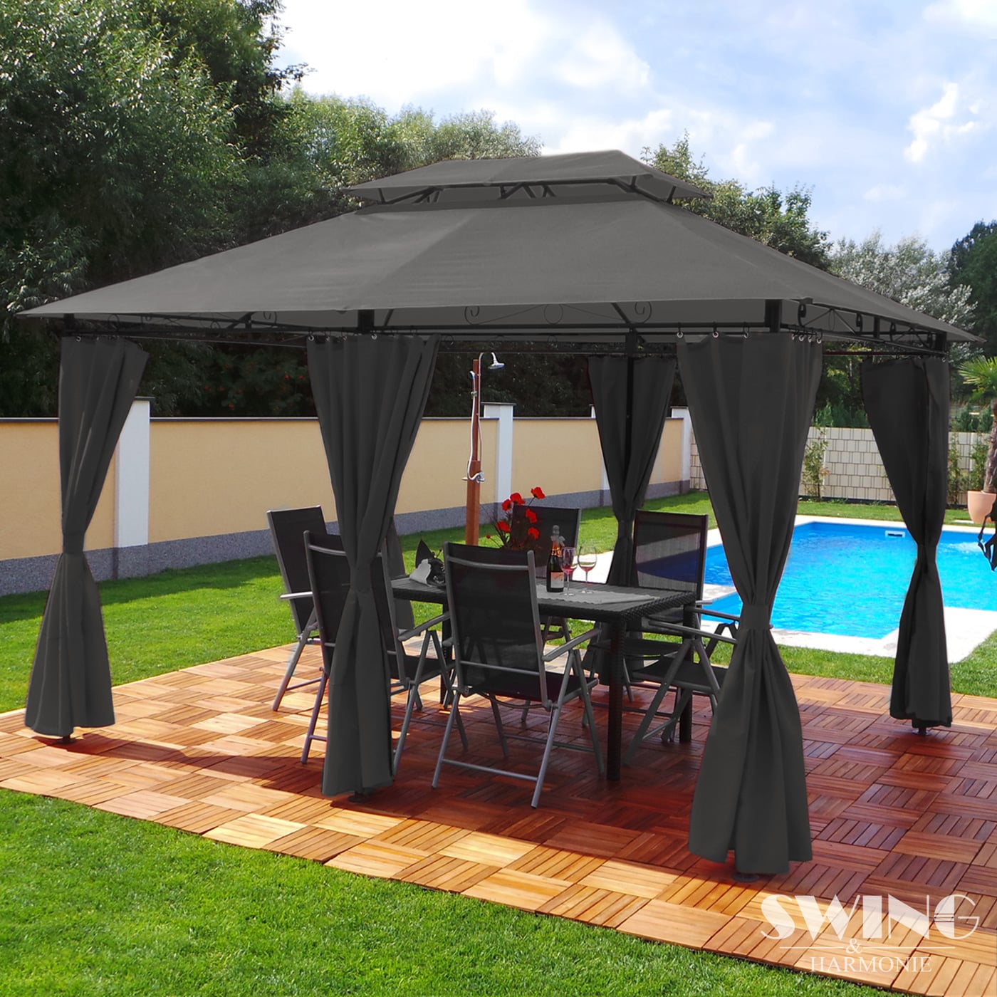Swing&Harmonie Luxus LED - Pavillon 3x4m Minzo - inkl. Seitenw&auml;nde mit LED Beleuchtung + Solarmodul Gartenpavillion, anthrazit 