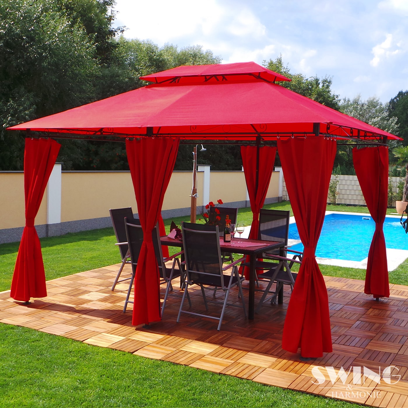 Swing&Harmonie Luxus LED - Pavillon 3x4m Minzo - inkl. Seitenw&auml;nde mit LED Beleuchtung + Solarmodul Gartenpavillon, rot 