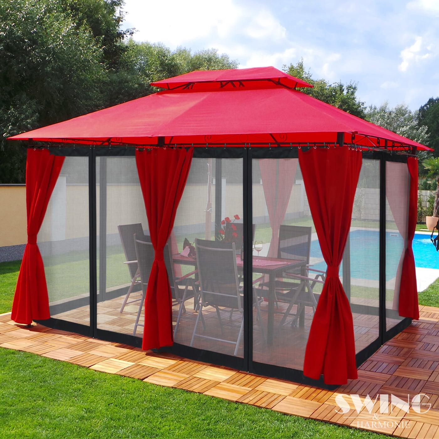 Swing&Harmonie Luxus LED - Pavillon 3x4m Minzo - inkl. Seitenw&auml;nde mit LED Beleuchtung + Solarmodul Gartenpavillon mit Moskitonetz Partyzelt Gartenzelt in Rot 