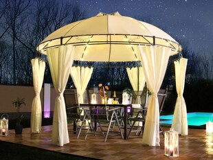 Swing&Harmonie LED - Pavillon 350cm Lavo - mit Seitenwänden und LED Beleuchtung + Solarmodul Runder Gartenpavillon Partyzelt Gartenzelt Rund - versch. Ausführungen 