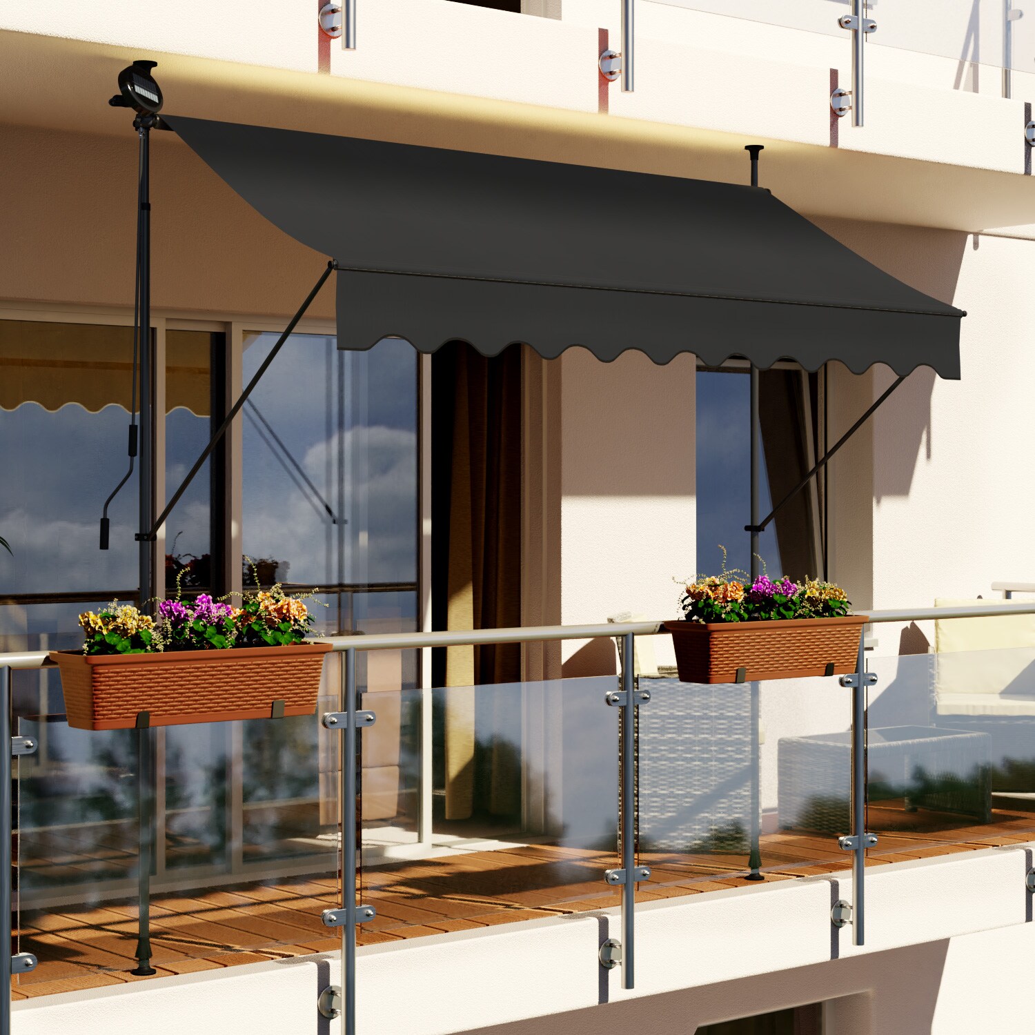 Swing&Harmonie LED - Markise mit Kurbel Klemmmarkise Balkonmarkise mit Beleuchtung und Solarmodul Fallarm Markise Sonnenschutz Terrasse Balkon - versch. Ausf&uuml;hrungen 