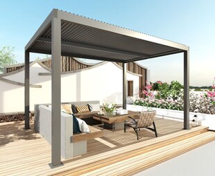 Pergola MCW-L46, Gartenpavillon Lamellen-Pavillon, 10cm-Aluminium-Gestell, Regenrinne sturmfest, 3x3m ~ anthrazit 