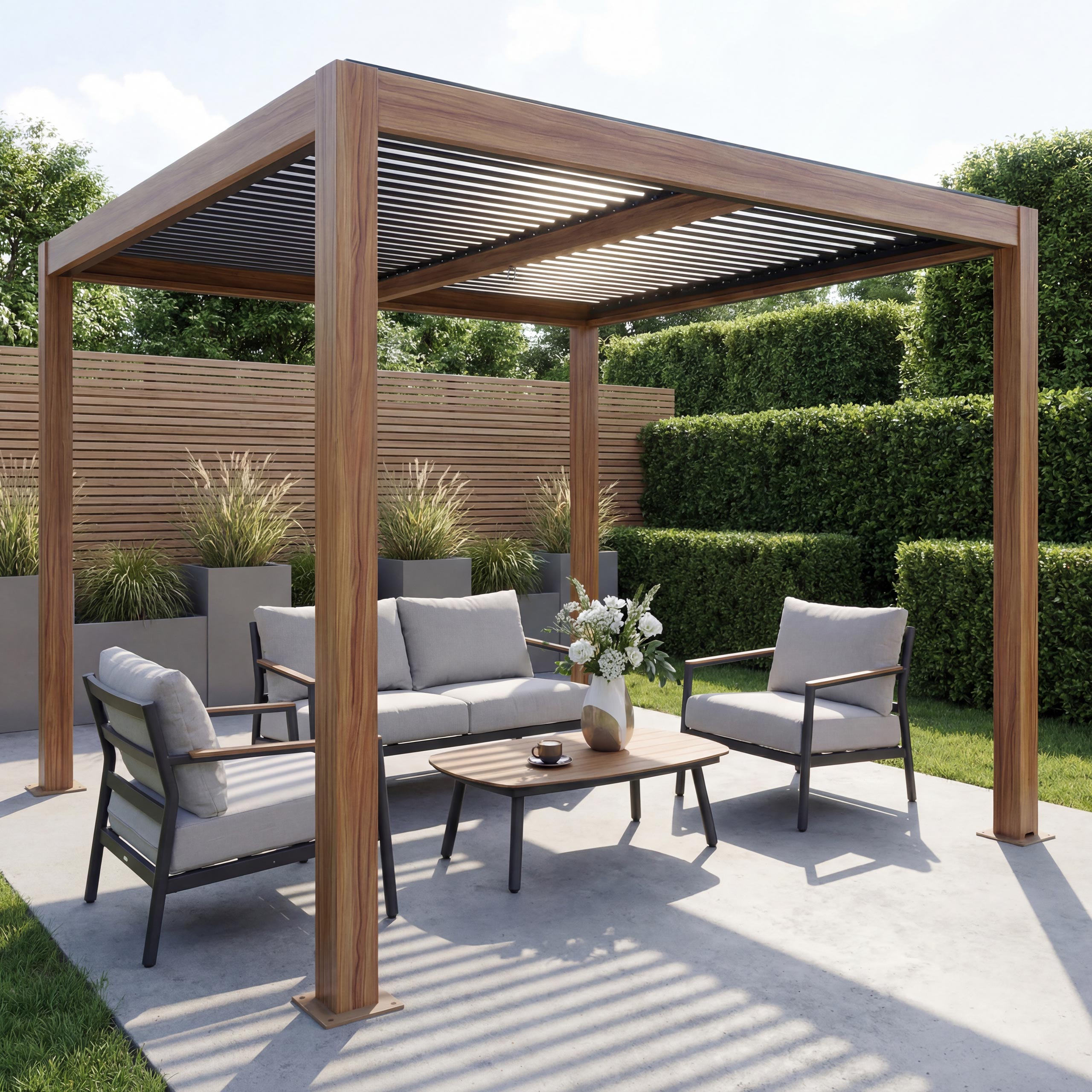 Pergola MCW-L46, Gartenpavillon Lamellen-Pavillon, 10cm-Aluminium-Gestell, Regenrinne sturmfest, 3x3m ~ Holzoptik 