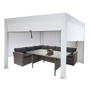 Pergola MCW-L46 mit Seitenwand, Gartenpavillon Lamellen-Pavillon Rollo, 11cm-Alu-Gestell, sturmfest 3x3m ~ weiß 